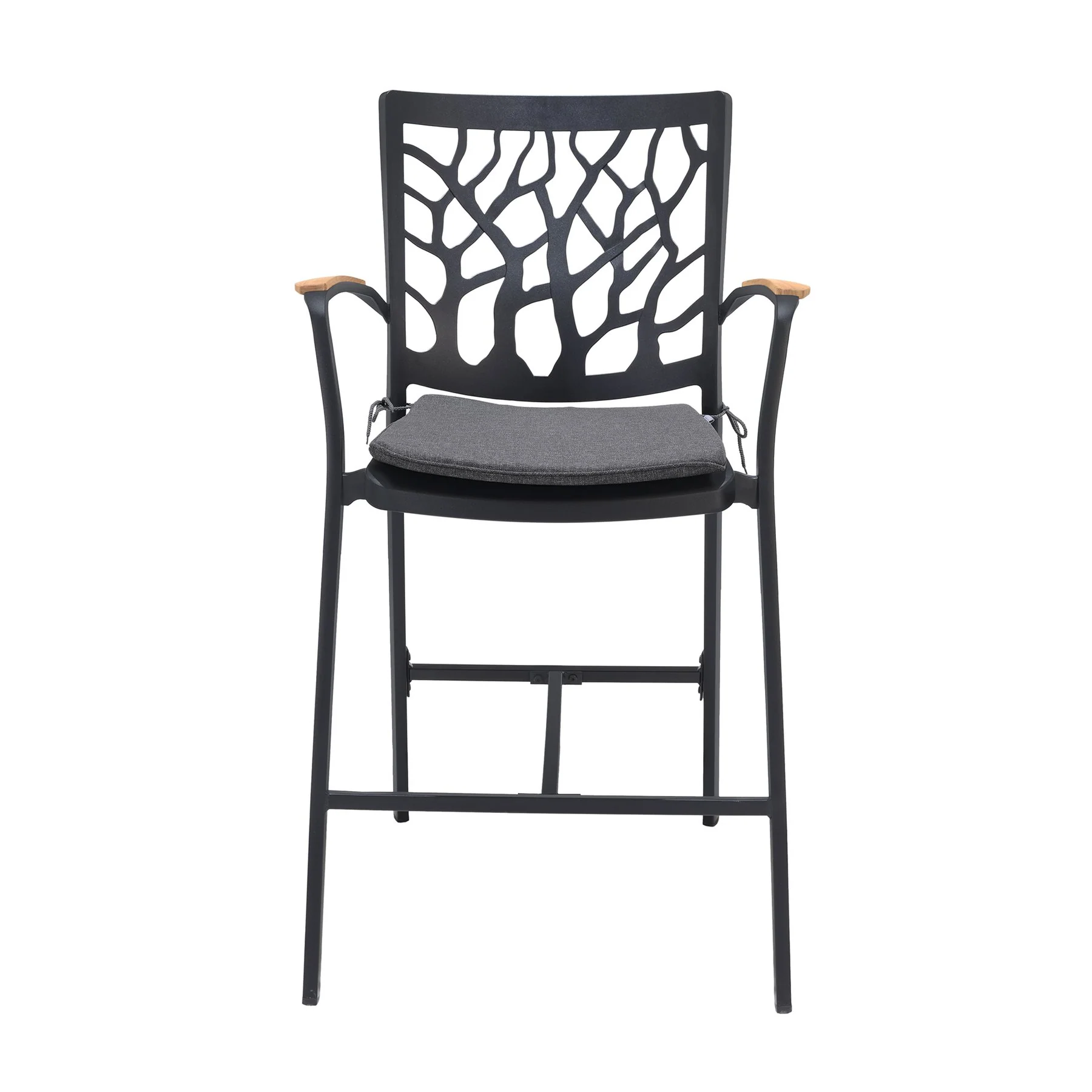 Portals Outdoor Patio Aluminum Barstool in Black with Natural Teak Wood Accent and Cushions - Image 2