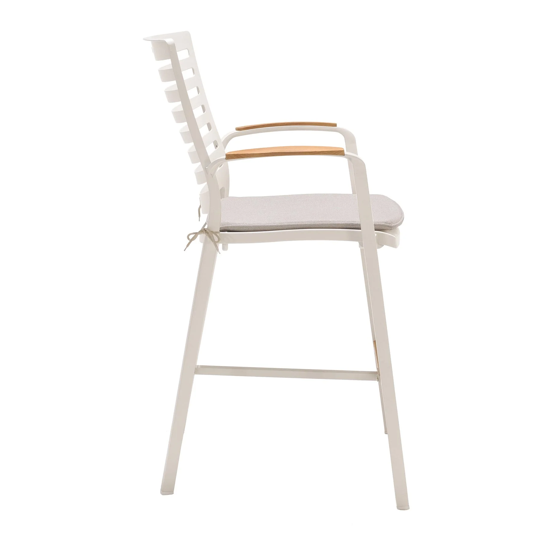 Portals Outdoor Patio Aluminum Barstool in Light Matte Sand with Natural Teak Wood Accent - Image 3
