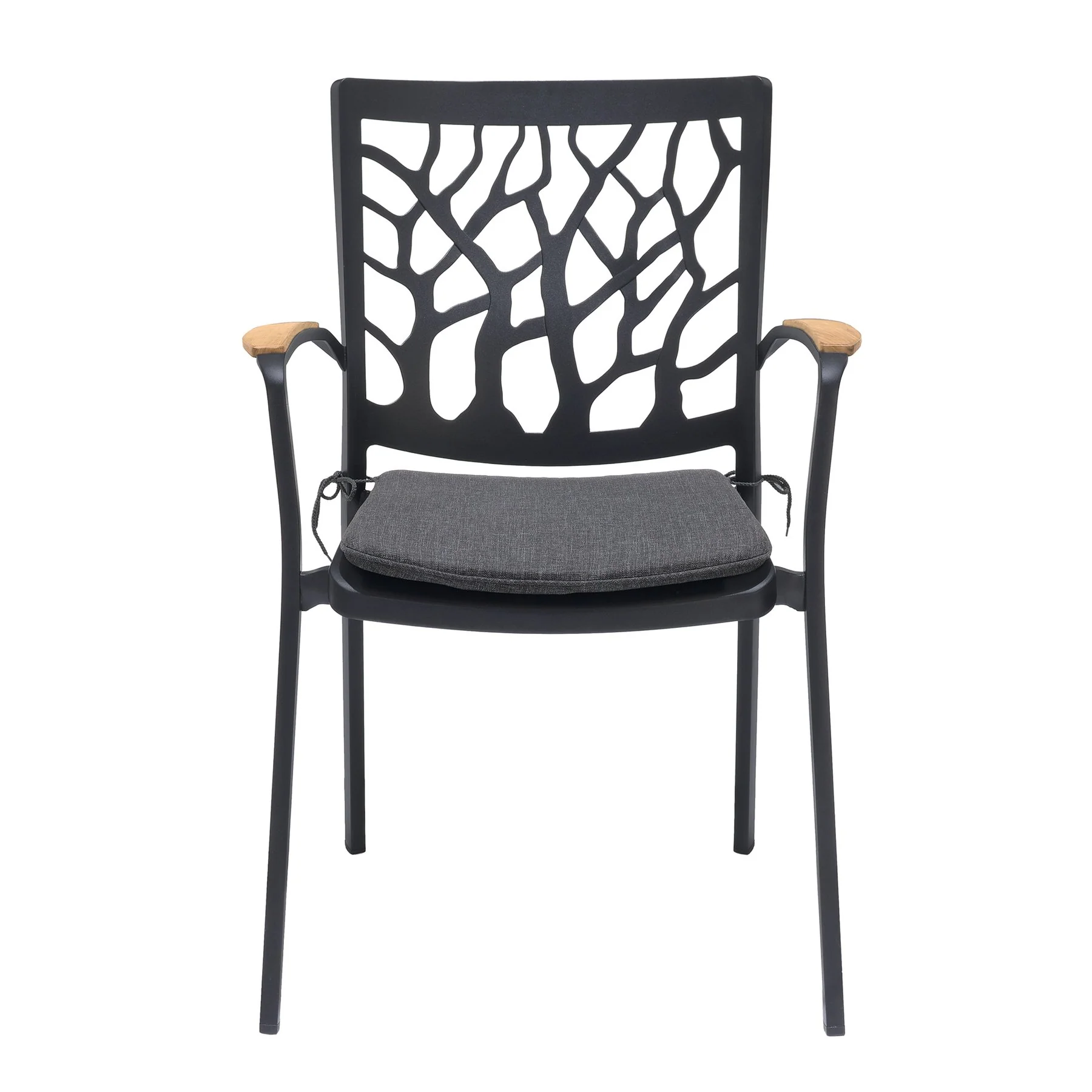 Portals Outdoor Patio Aluminum Chair in Black with Natural Teak Wood Accent-Set of 2 - Image 3