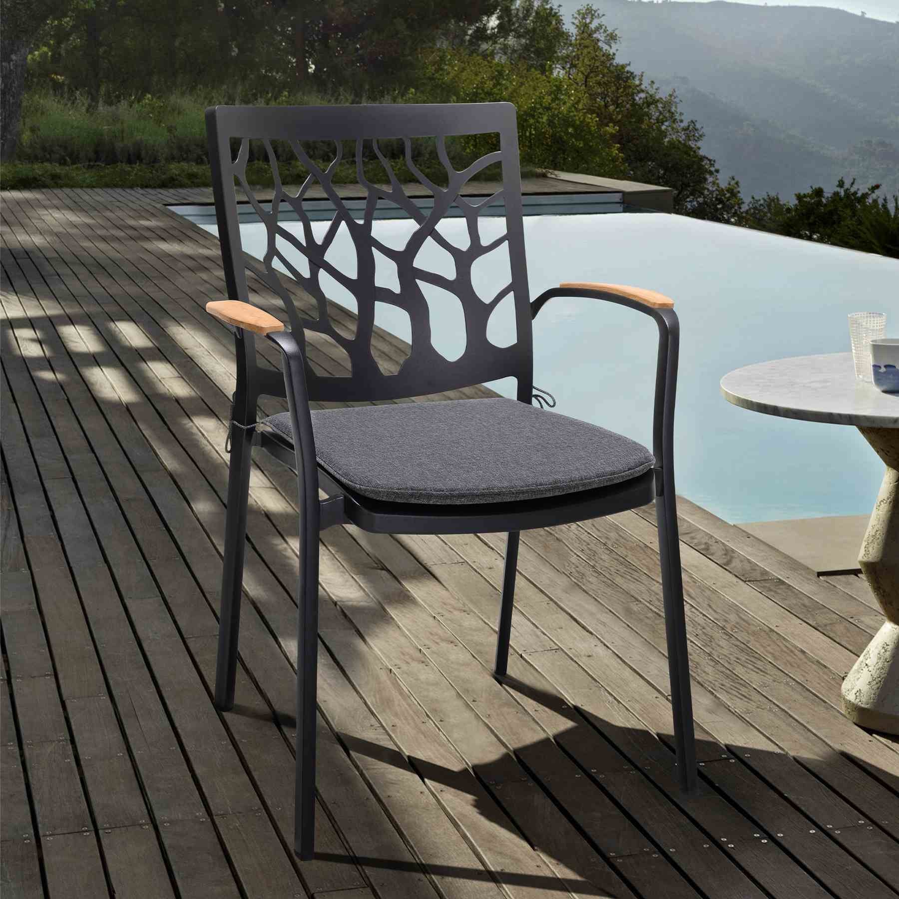 Portals Outdoor Patio Aluminum Chair in Black with Natural Teak Wood Accent-Set of 2 - Image 8