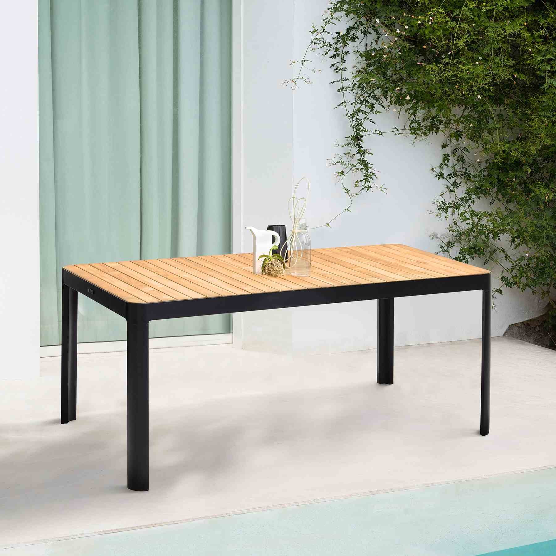 Portals Outdoor Rectangle Dining Table in Black Finish with Natural Teak Wood Top - Image 6