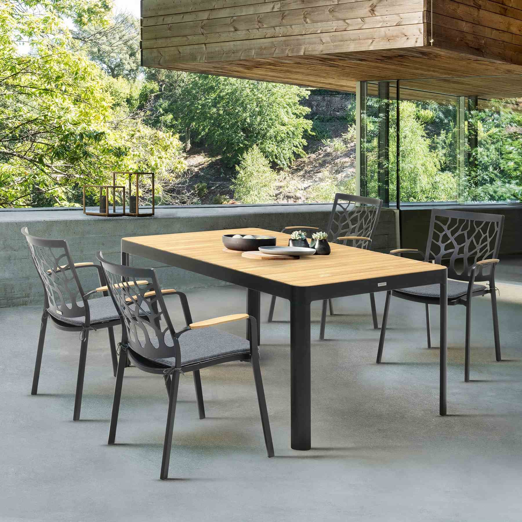 Portals Outdoor Rectangle Dining Table in Black Finish with Natural Teak Wood Top - Image 7