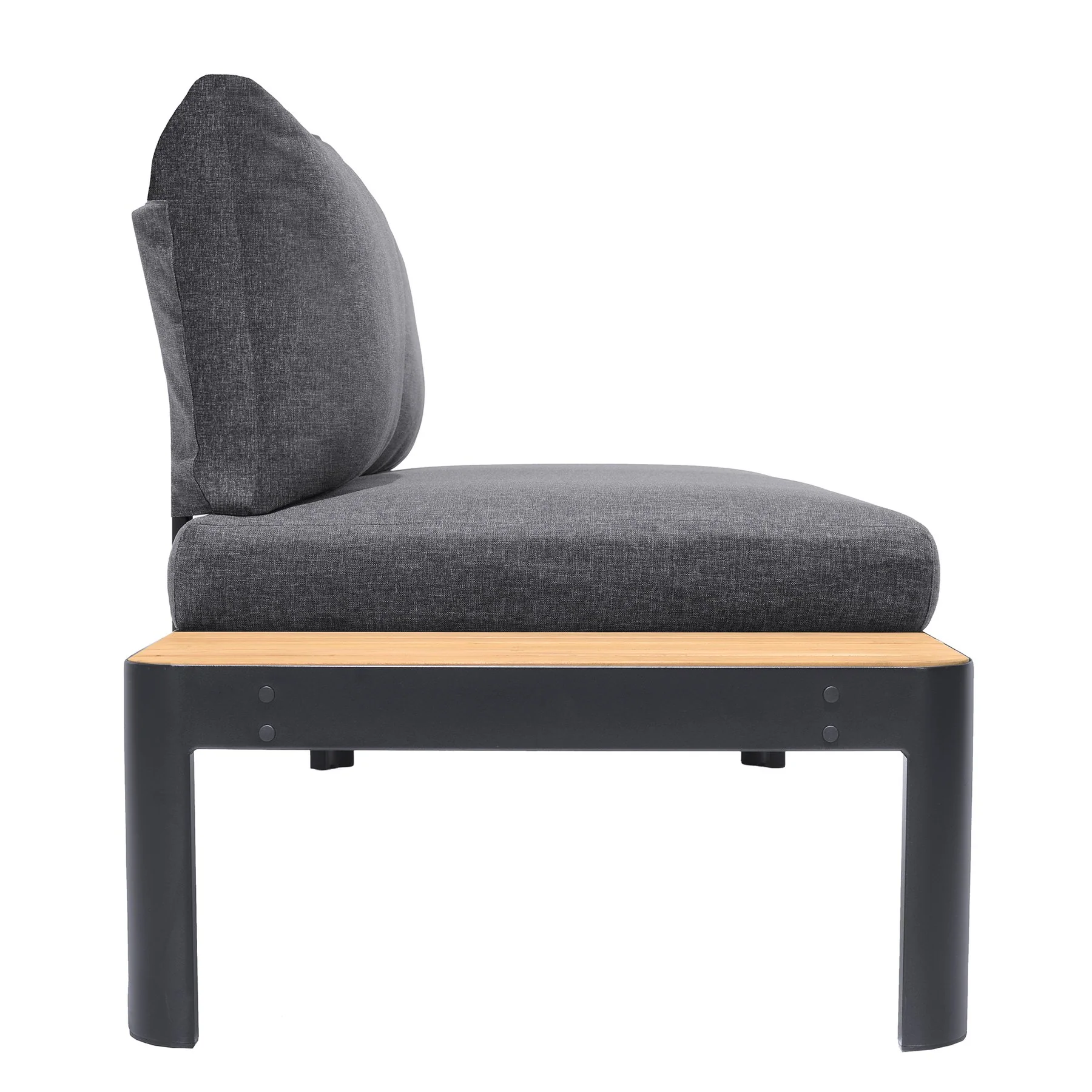 Portals Outdoor Sofa in Black Finish with Natural Teak Wood Accent and Gray Cushions - Image 3