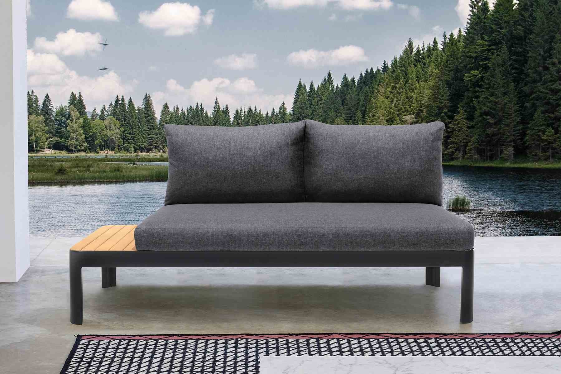 Portals Outdoor Sofa in Black Finish with Natural Teak Wood Accent and Gray Cushions - Image 5