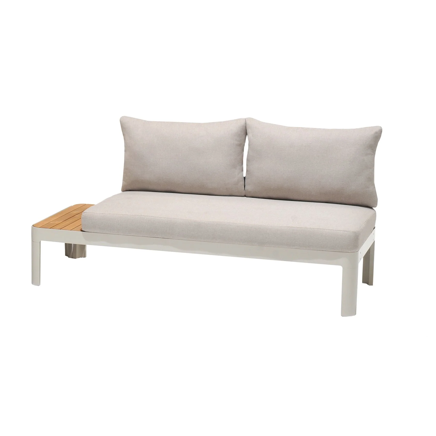 Portals Outdoor Sofa in Light Matte Sand Finish with Natural Teak Wood and Beige Cushions - Image 2