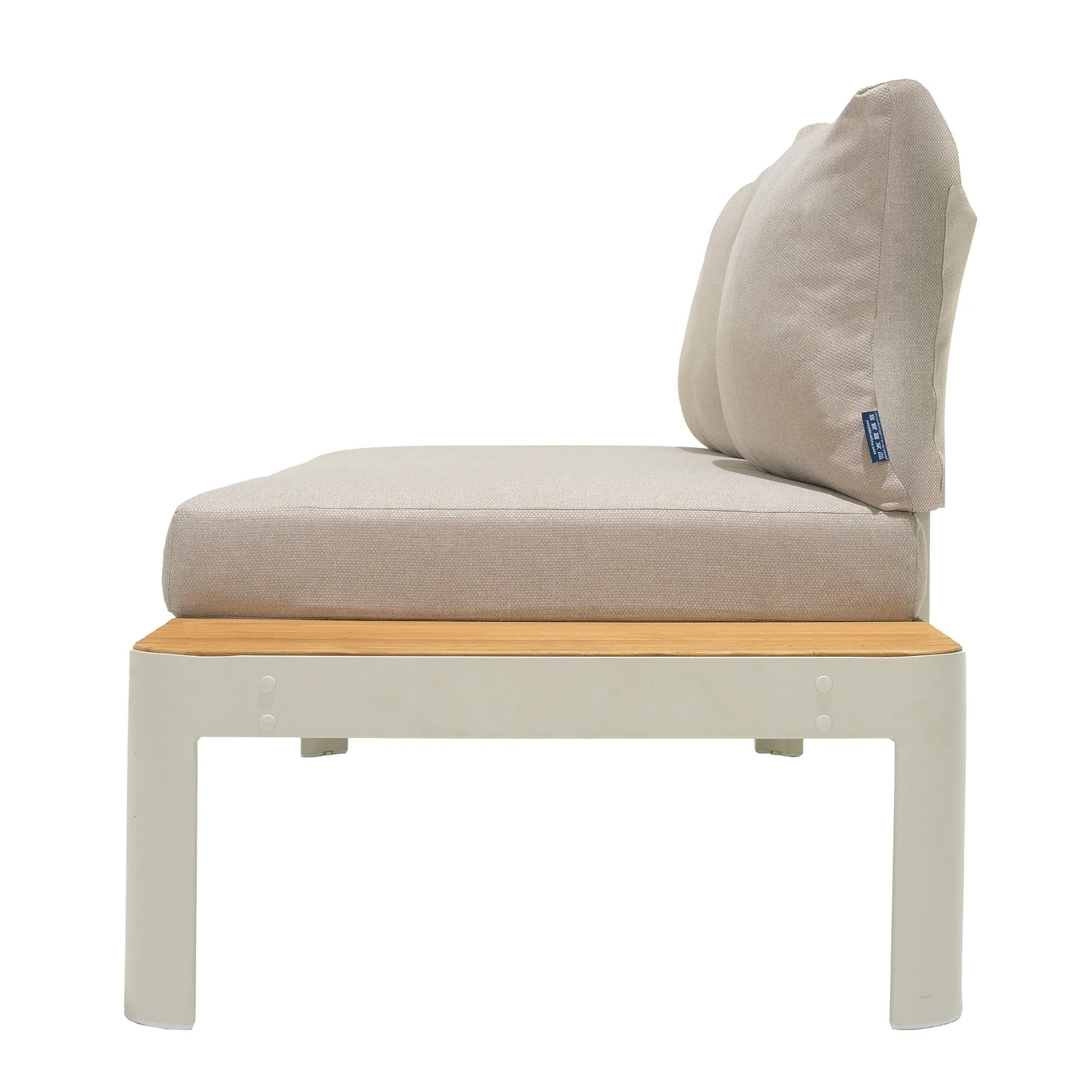 Portals Outdoor Sofa in Light Matte Sand Finish with Natural Teak Wood and Beige Cushions - Image 3