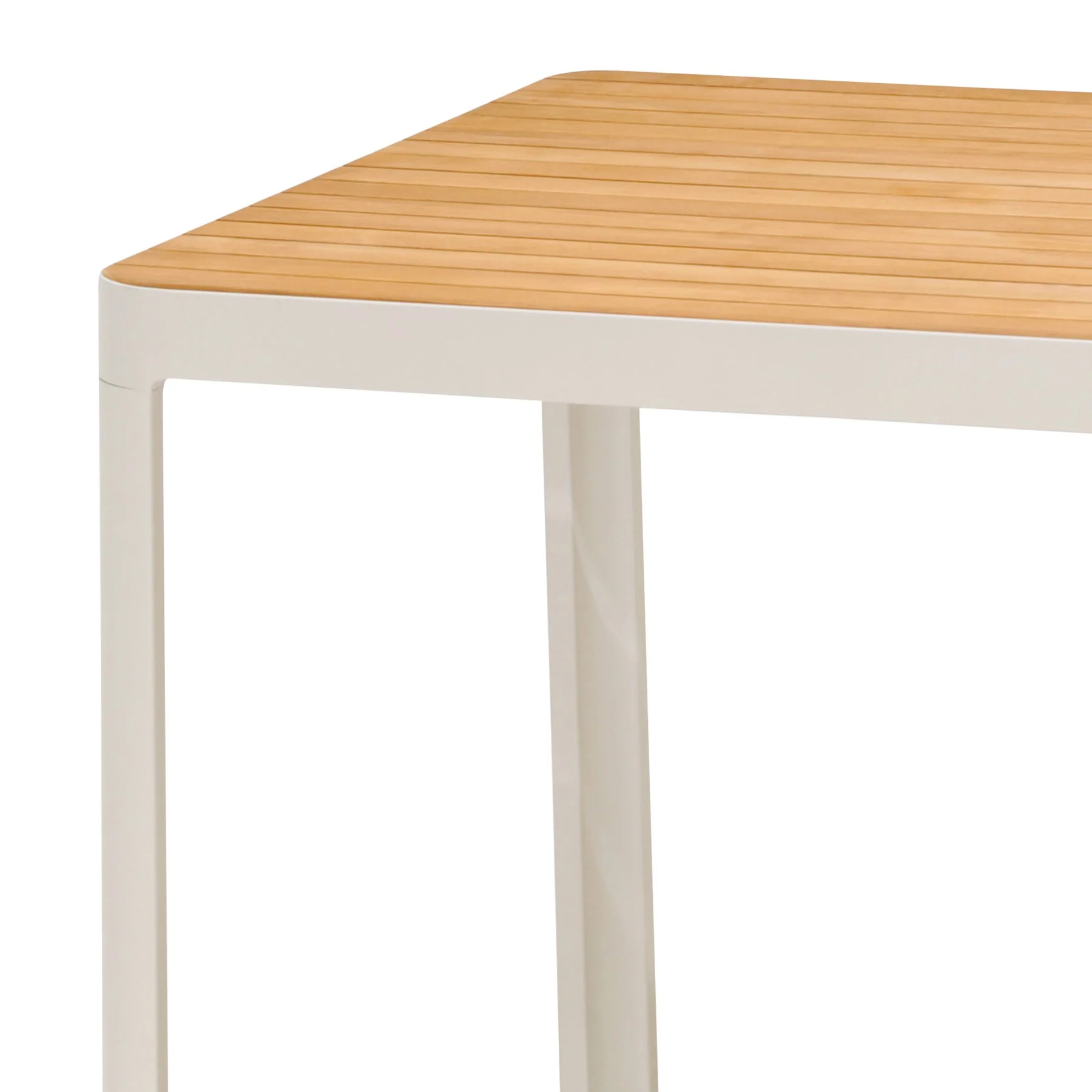 Portals Outdoor Square Bar Table In Light Matte Sand with Natural Teak Wood Top - Image 4
