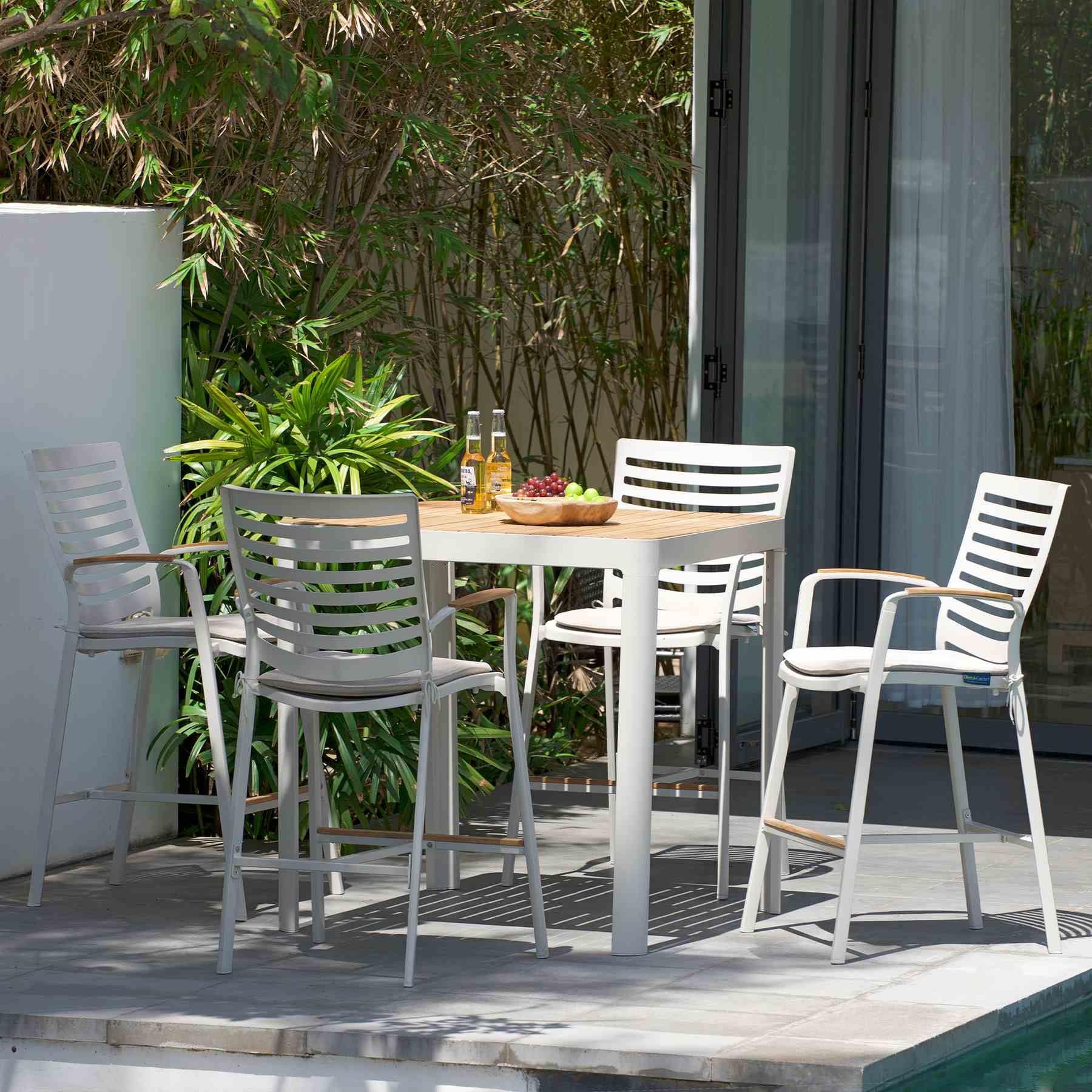 Portals Outdoor Square Bar Table In Light Matte Sand with Natural Teak Wood Top - Image 6