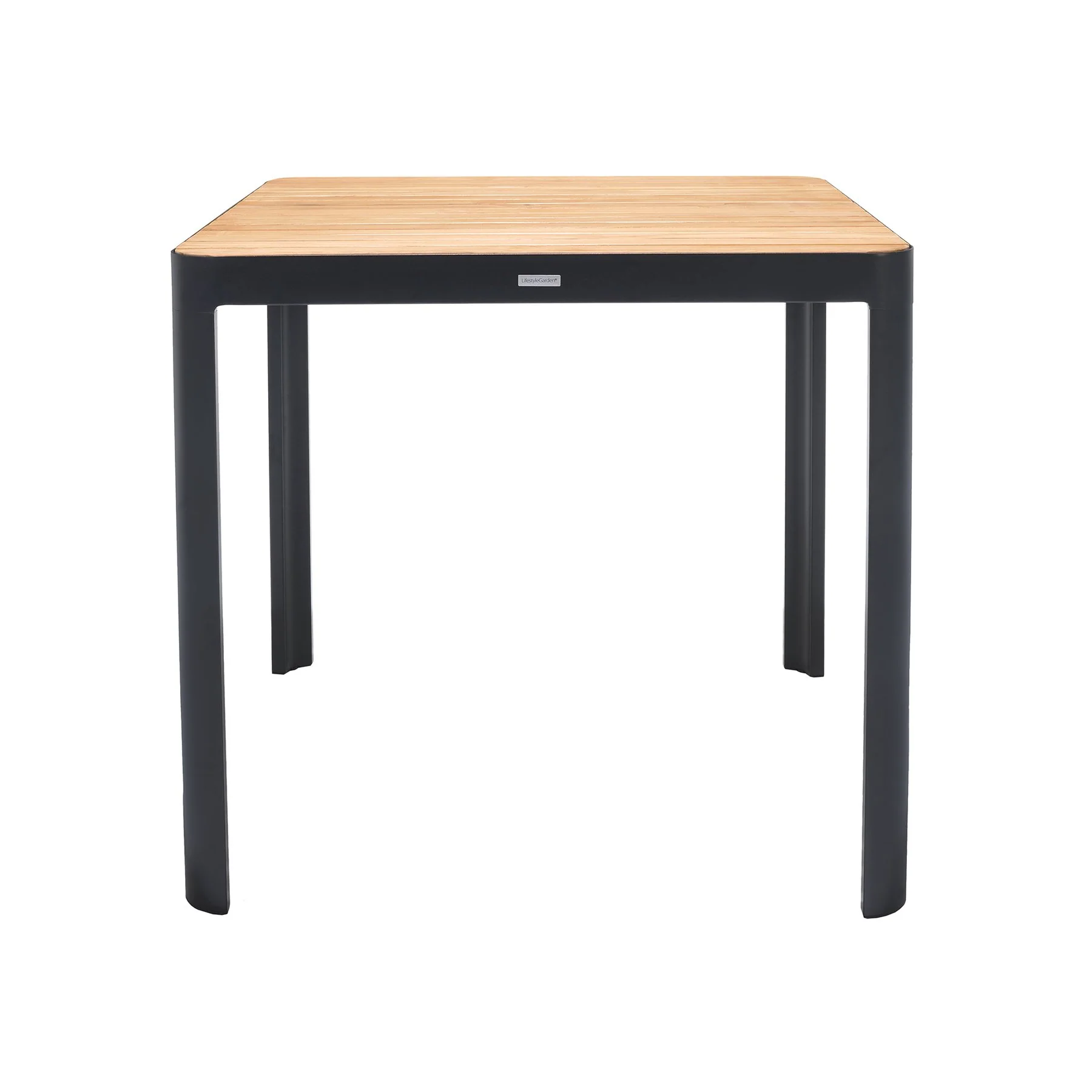 Portals Outdoor Square Bar Table in Natural Teak Wood Top and Black Frame - Image 2