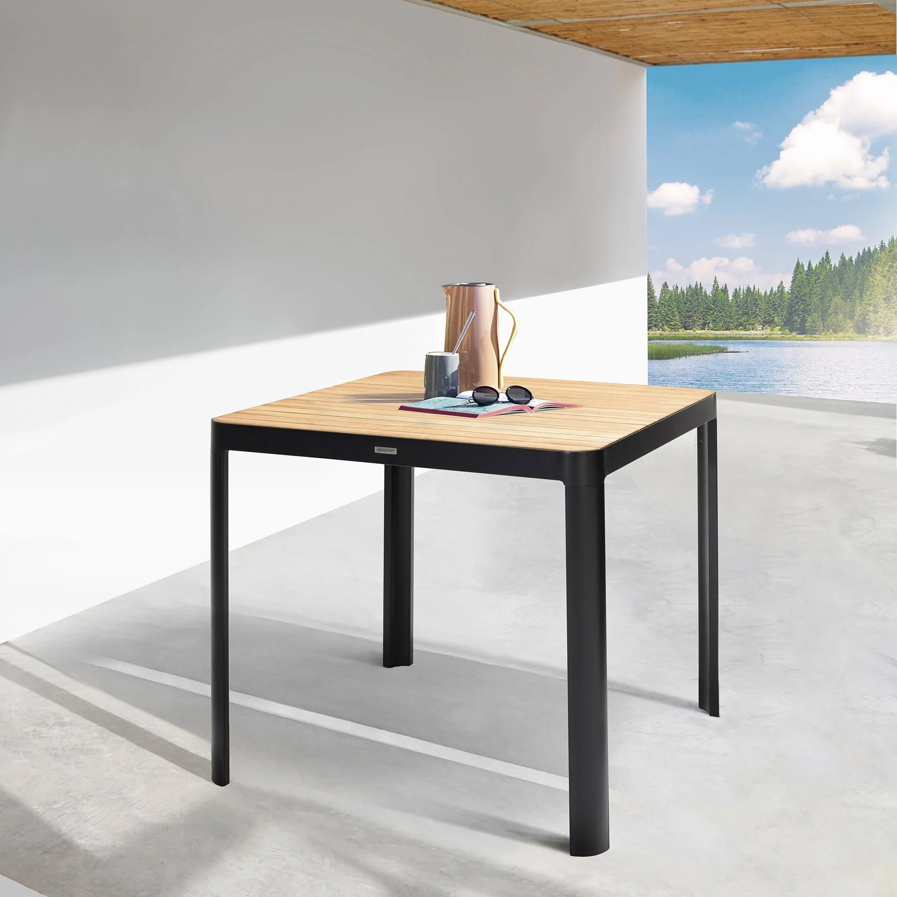Portals Outdoor Square Bar Table in Natural Teak Wood Top and Black Frame - Image 5