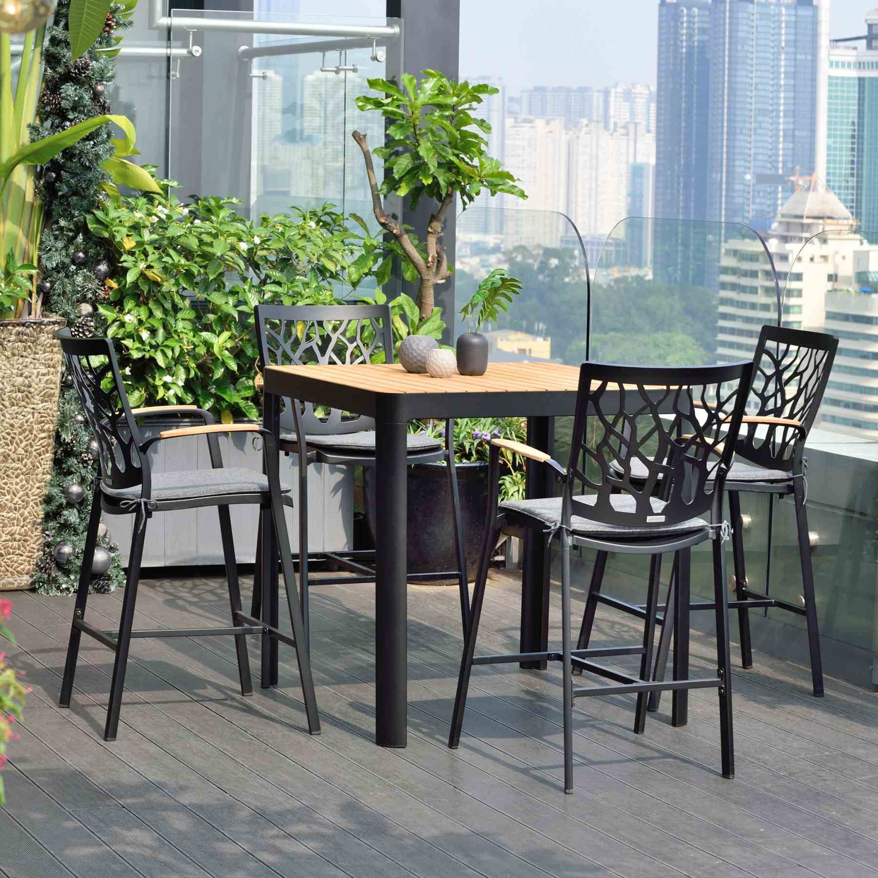 Portals Outdoor Square Bar Table in Natural Teak Wood Top and Black Frame - Image 6