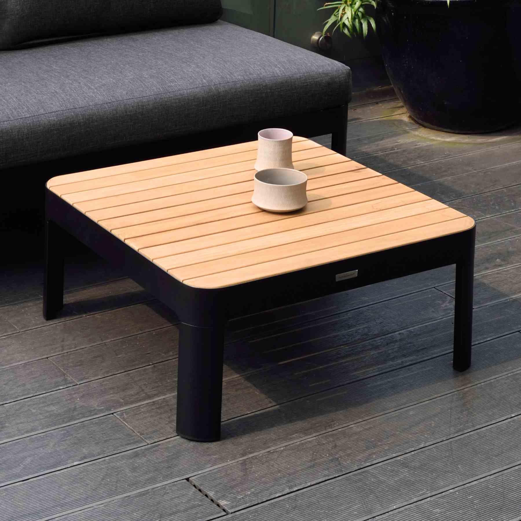 Portals Outdoor Square Coffee Table in Black Finish with Natural Teak Wood Top - Image 5