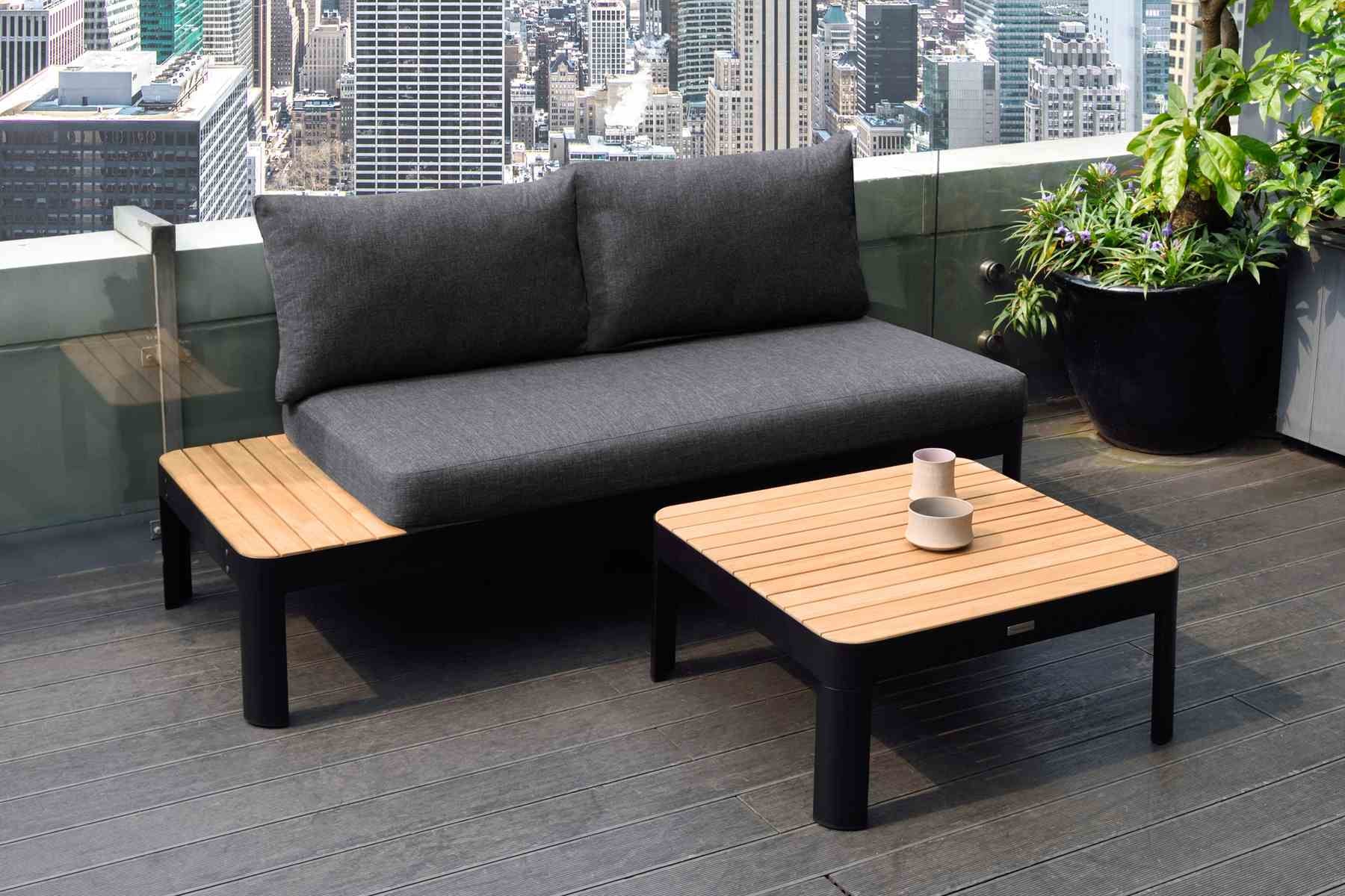 Portals Outdoor Square Coffee Table in Black Finish with Natural Teak Wood Top - Image 6