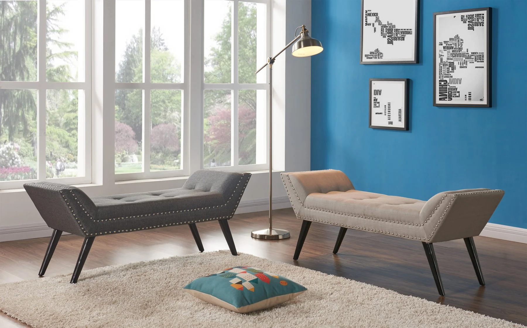 Porter Ottoman Bench in Charcoal Fabric with Nailhead Trim and Espresso Wood Legs - Image 3