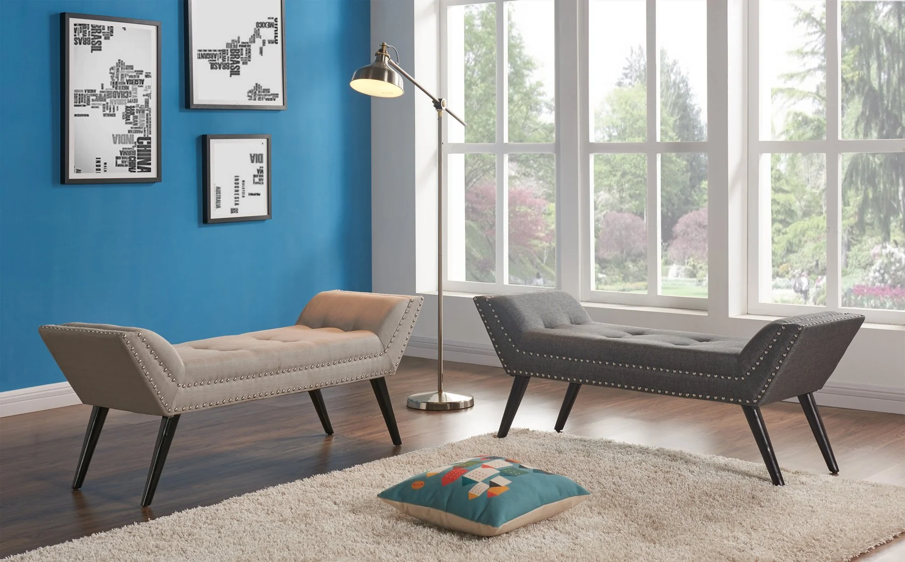 Porter Ottoman Bench in Taupe Fabric with Nailhead Trim and Espresso Wood Legs - Image 3