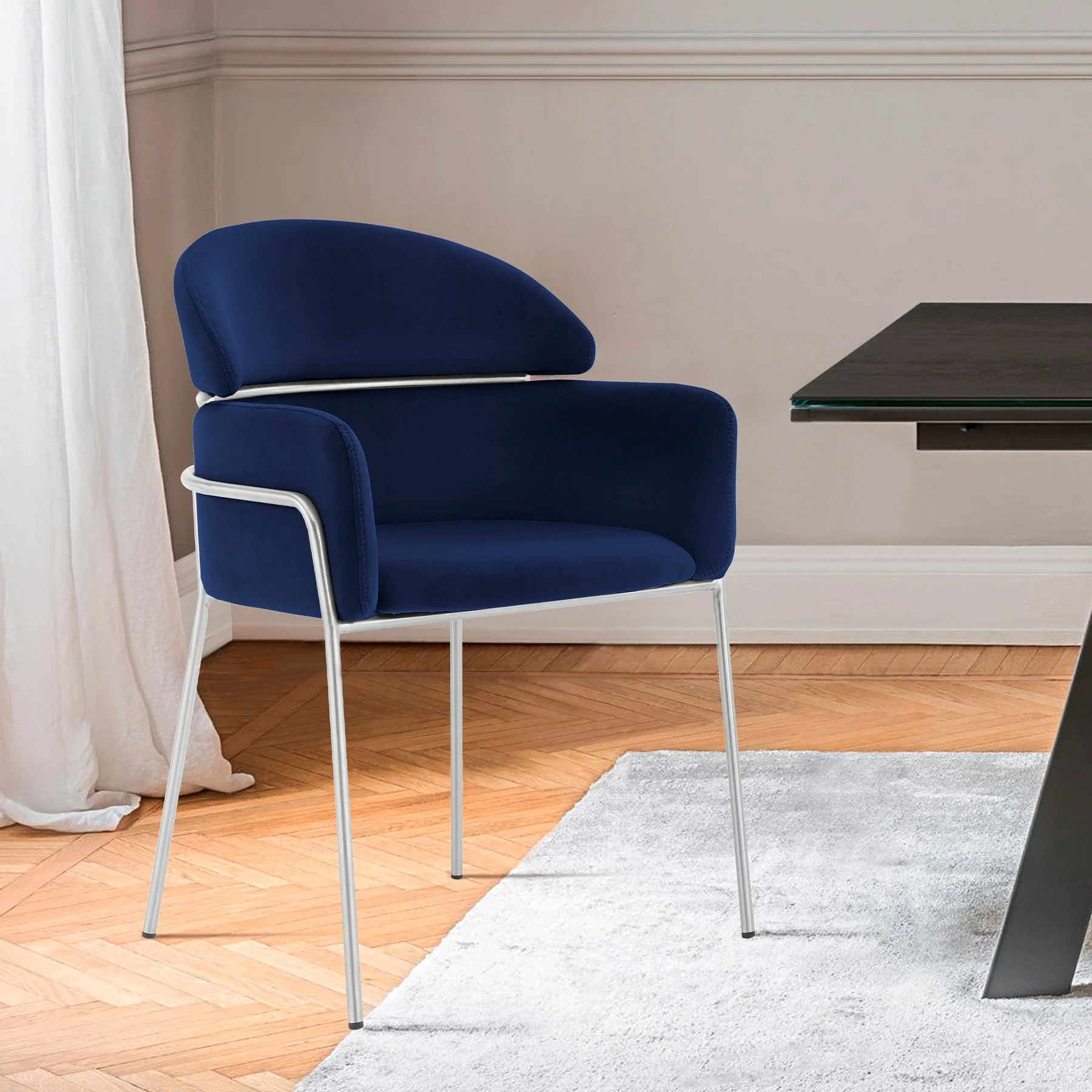Portia Blue Velvet and Brushed Stainless Steel Dining Room Chairs - Set of 2 - Image 7