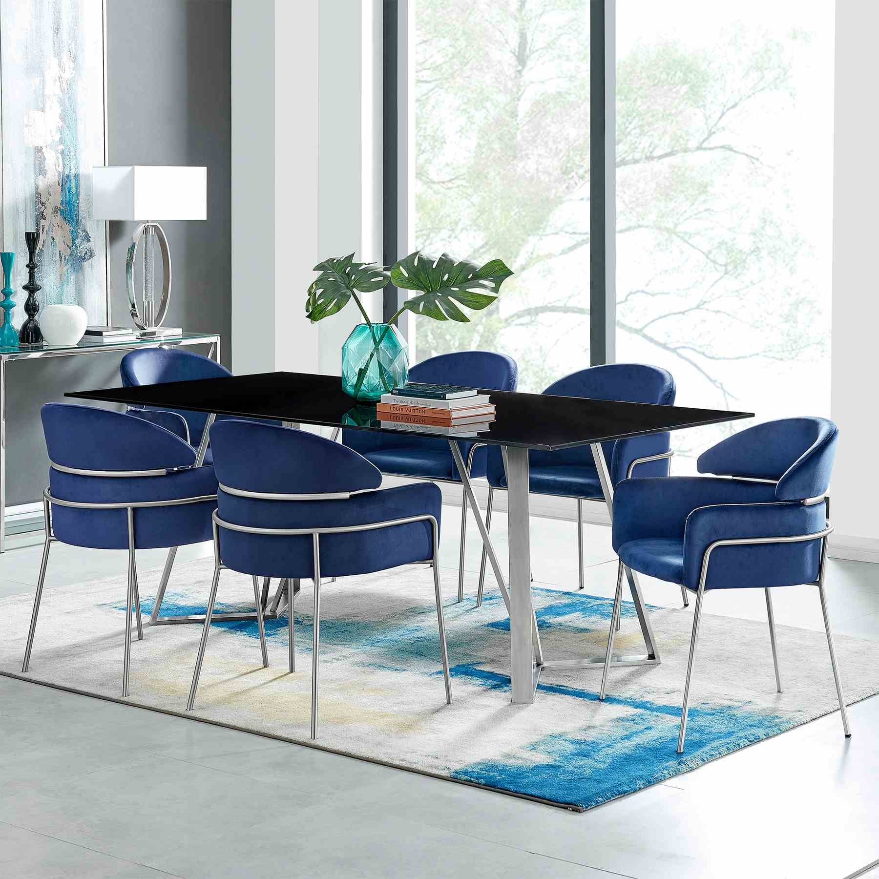 Portia Blue Velvet and Brushed Stainless Steel Dining Room Chairs - Set of 2 - Image 8