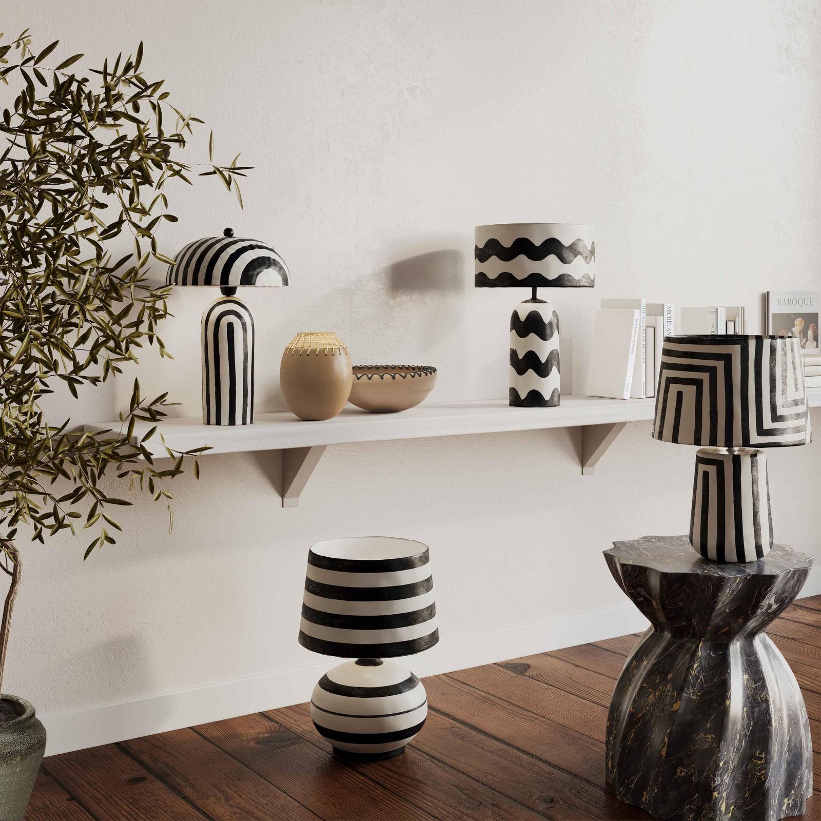 Positano Black Striped Papier Mache Table Lamp - Image 2