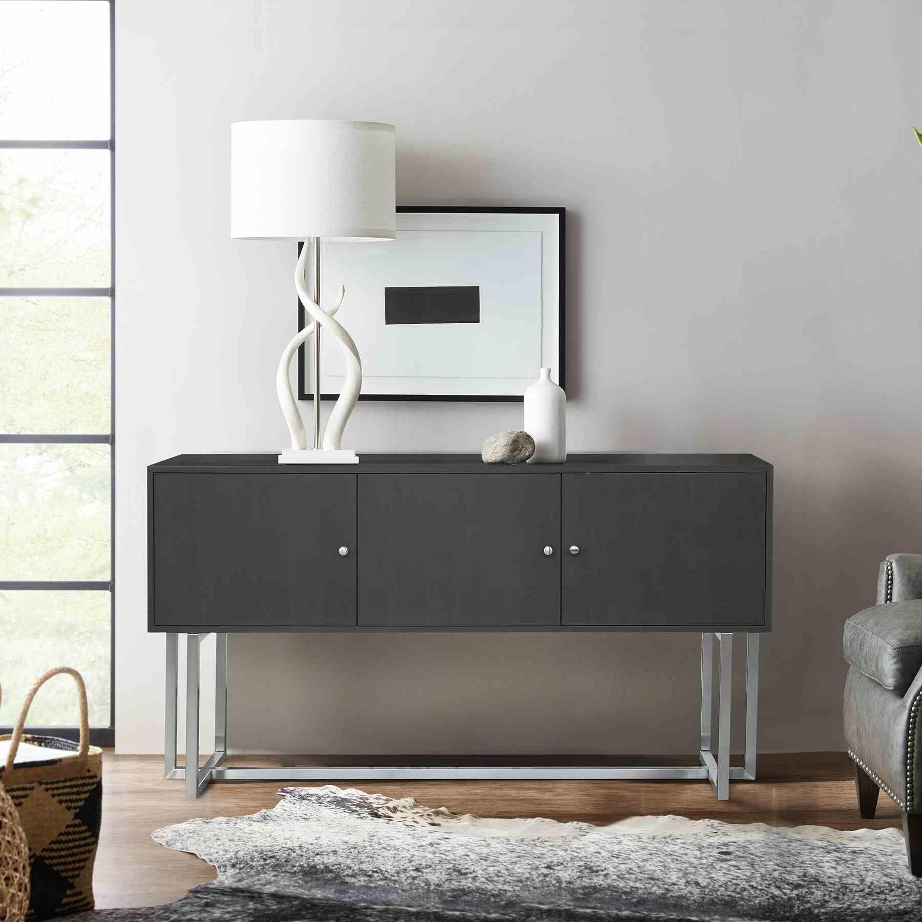 Prague Contemporary Buffet in Brushed Stainless Steel Finish and Gray Wood - Image 3