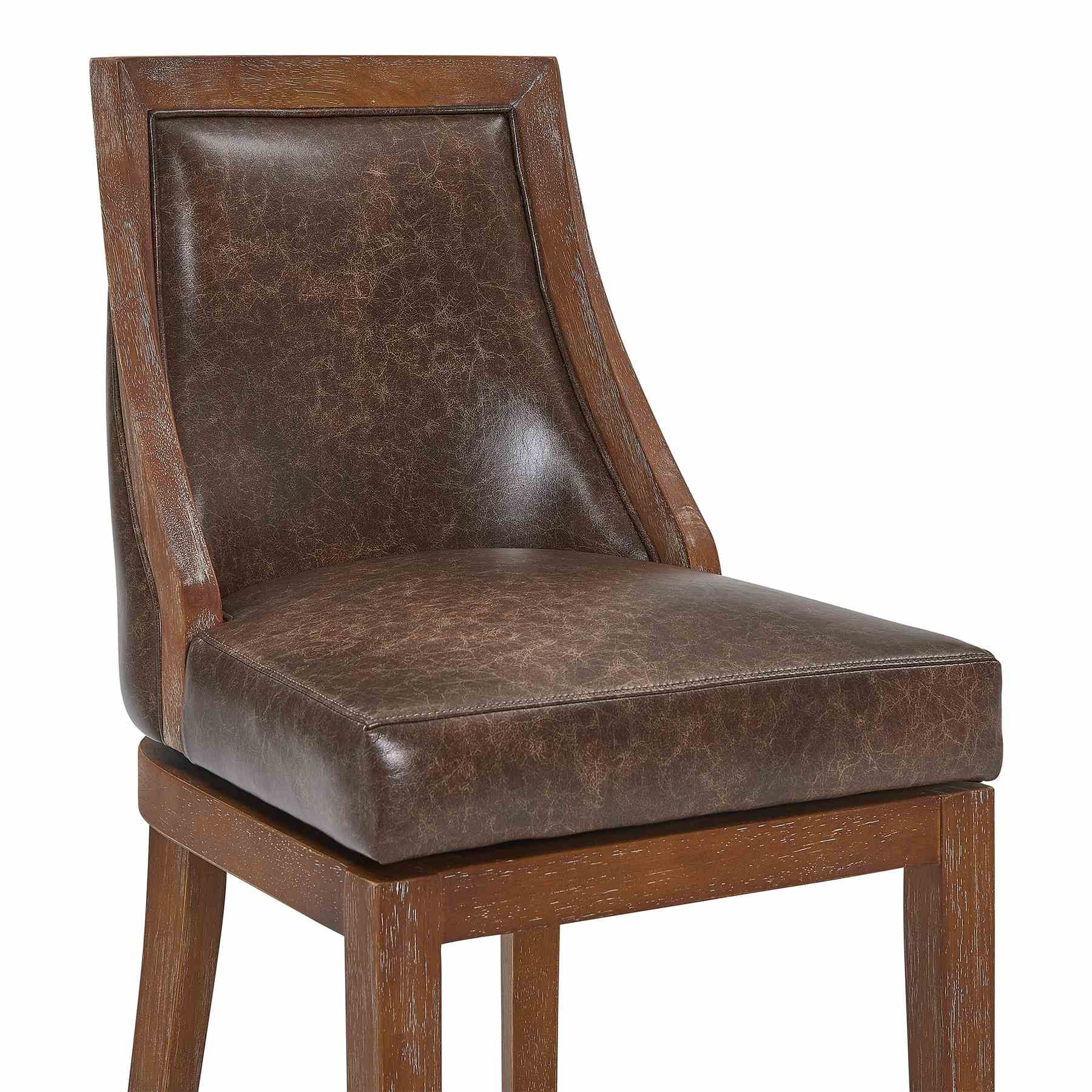 Presley 30" Bar Height Wood Swivel Barstool in Distressed Finish with Brown Stone Faux Leather - Image 4