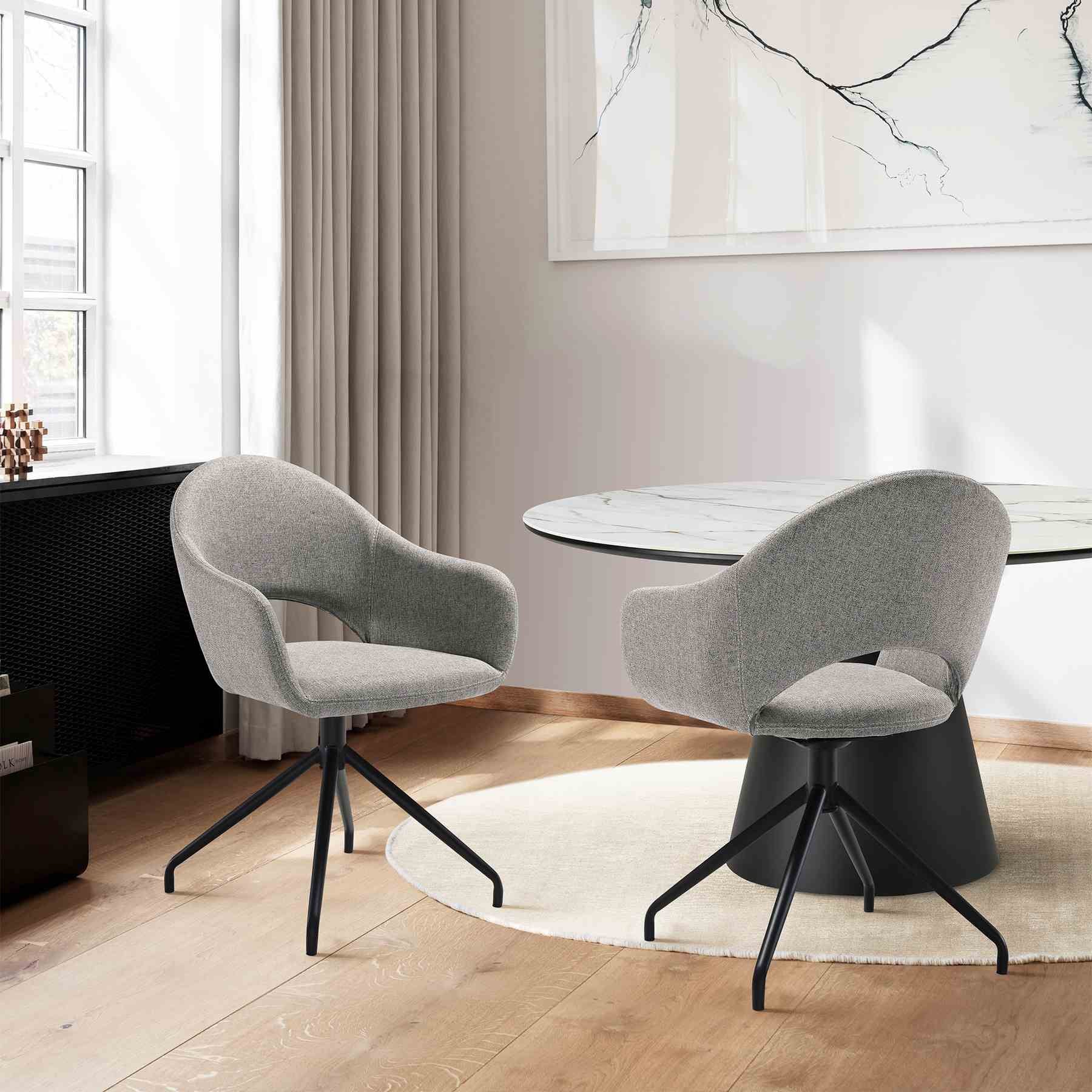 Pria Swivel Upholstered Dining Chair in Gray Fabric with Black Metal Legs - Set of 2 - Image 10