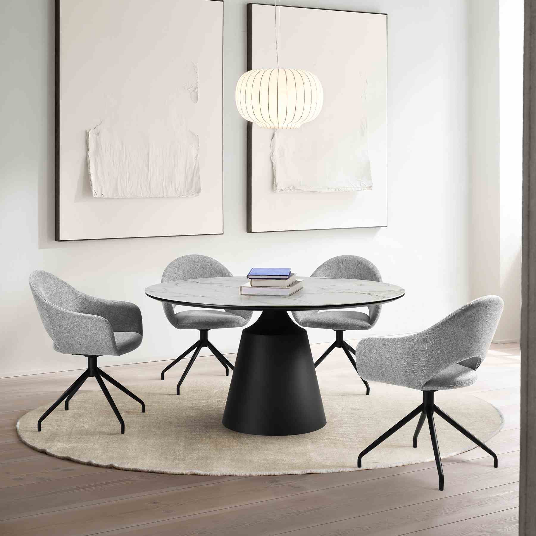 Pria Swivel Upholstered Dining Chair in Gray Fabric with Black Metal Legs - Set of 2 - Image 11