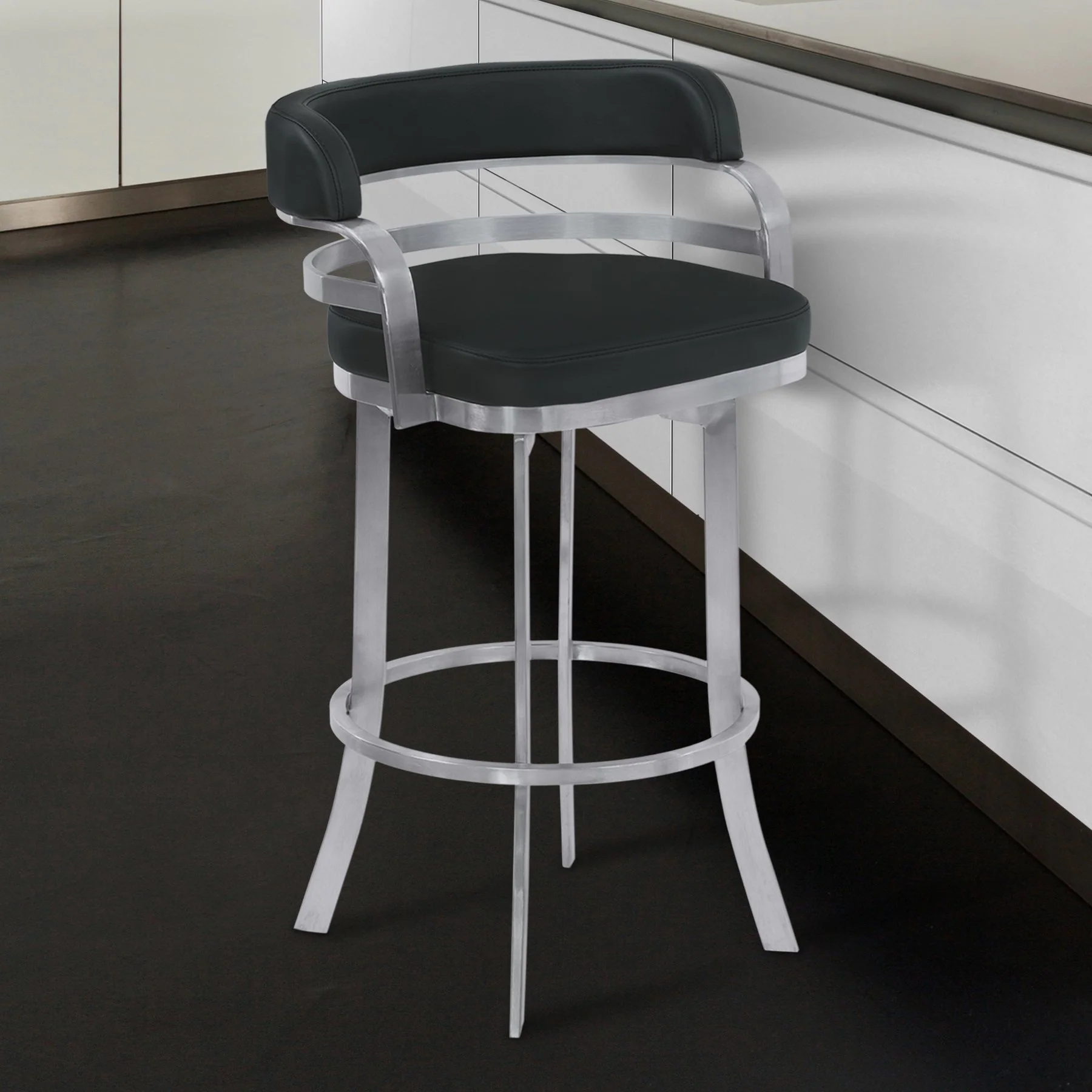 Prinz 26" Counter Height Swivel Black Faux Leather and Brushed Stainless Steel Bar Stool - Image 7