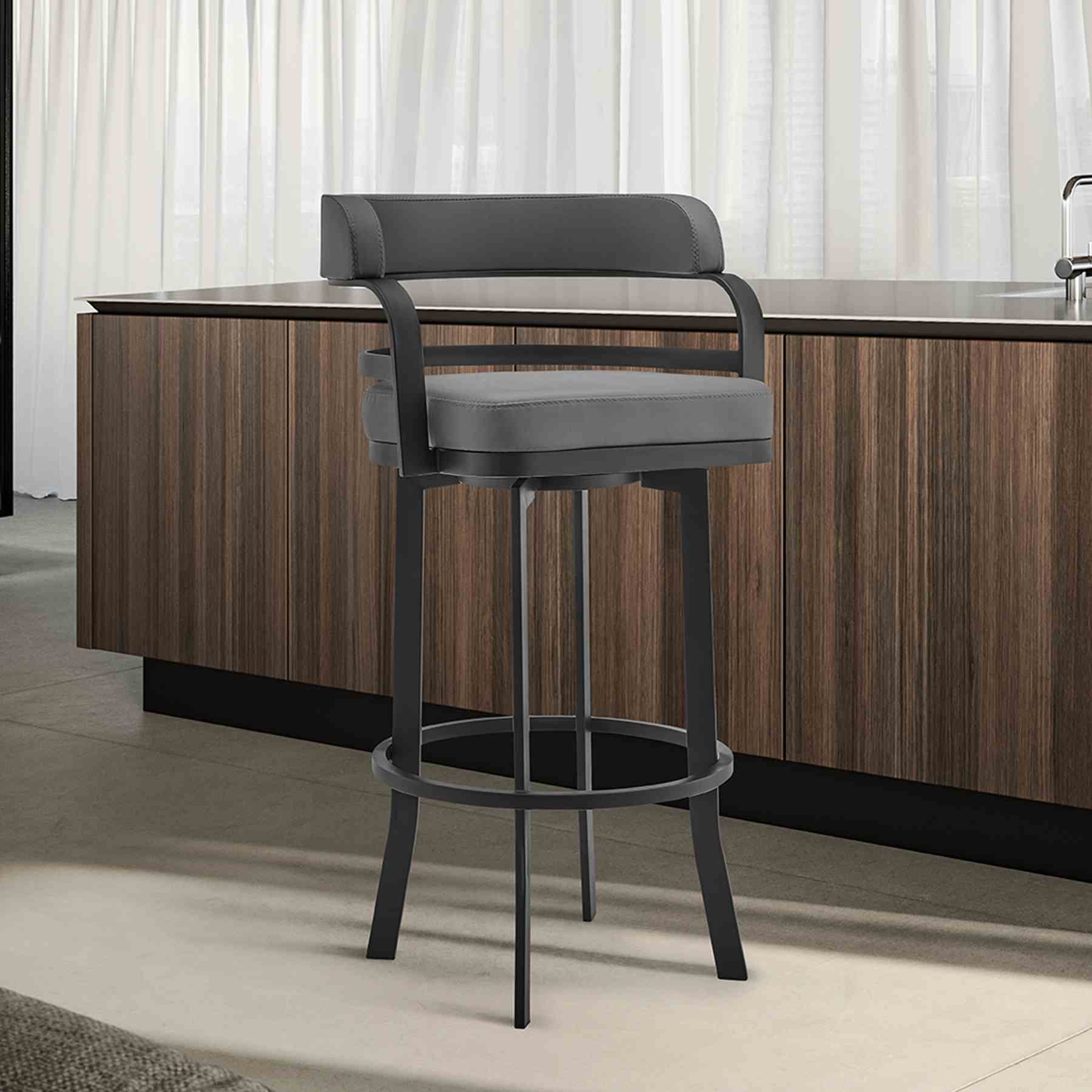 Prinz 30" Bar Height Swivel Gray Faux Leather and Black Metal Bar Stool - Image 6