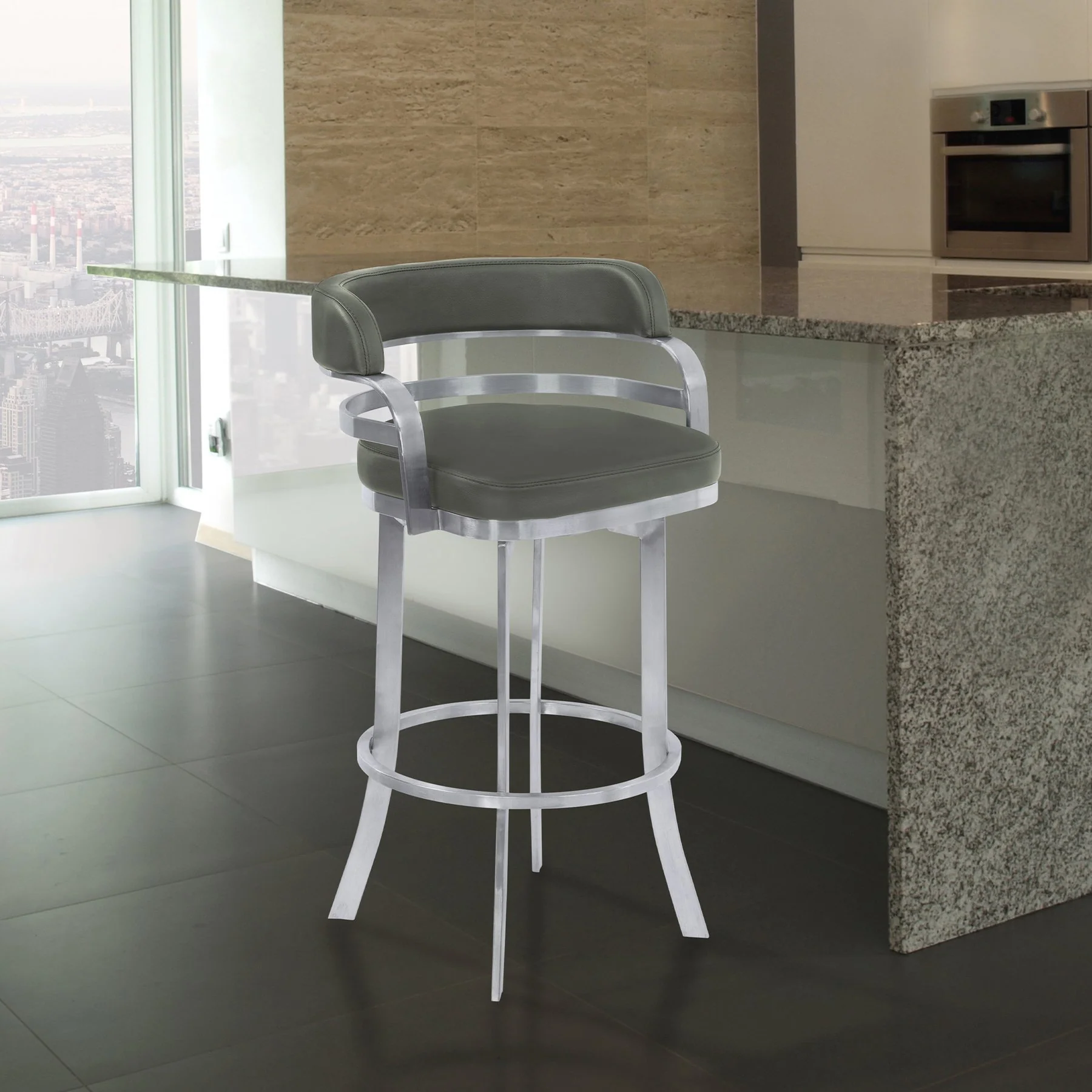 Prinz 30" Bar Height Swivel Gray Faux Leather and Brushed Stainless Steel Bar Stool - Image 8
