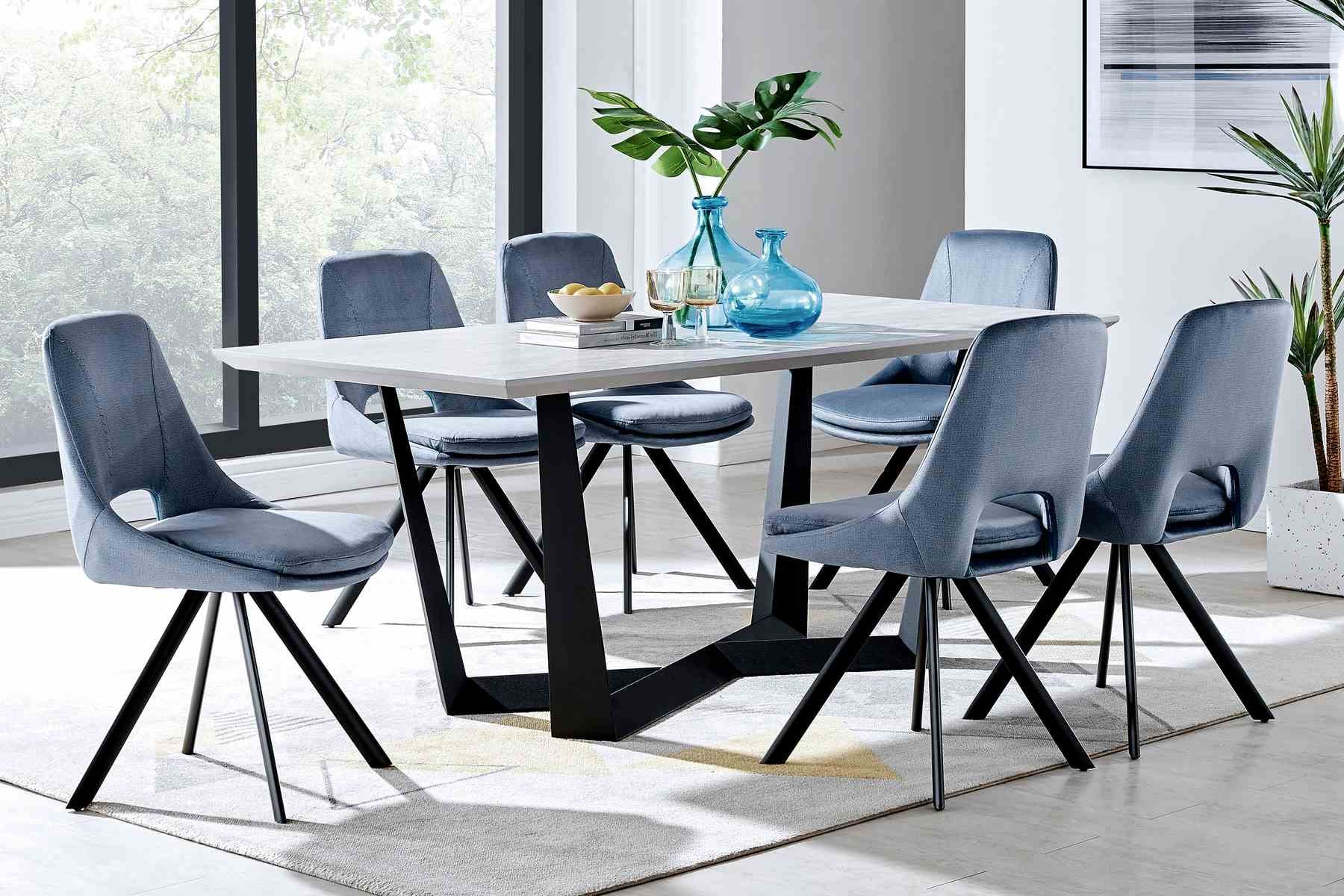 Radford and Lexi 7 Piece Modern Rectangular Dining Set in Light Gray Melamine Wood and Blue - Image 8