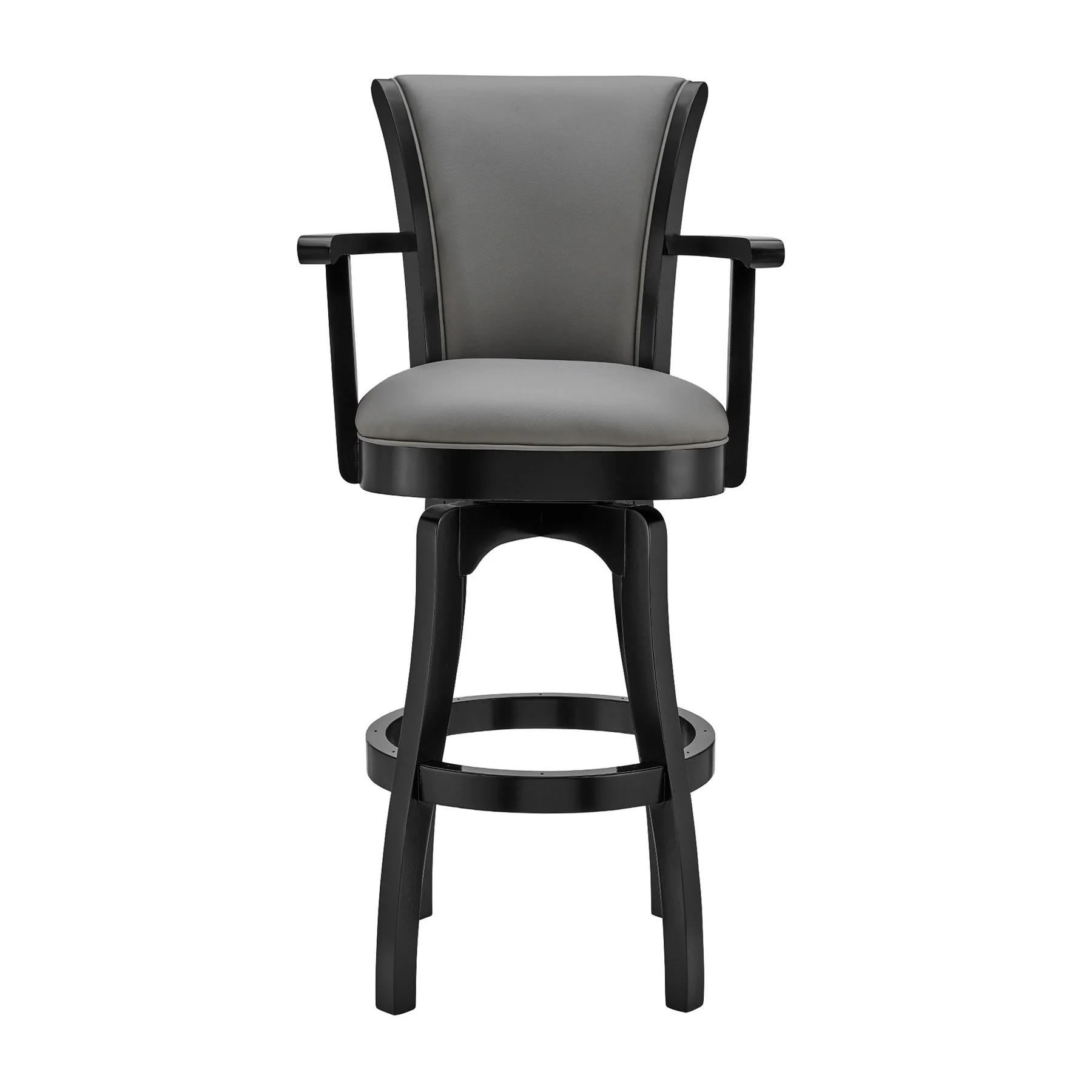 Raleigh 30" Bar Height Swivel Gray Faux Leather and Black Wood Arm Bar Stool - Image 2