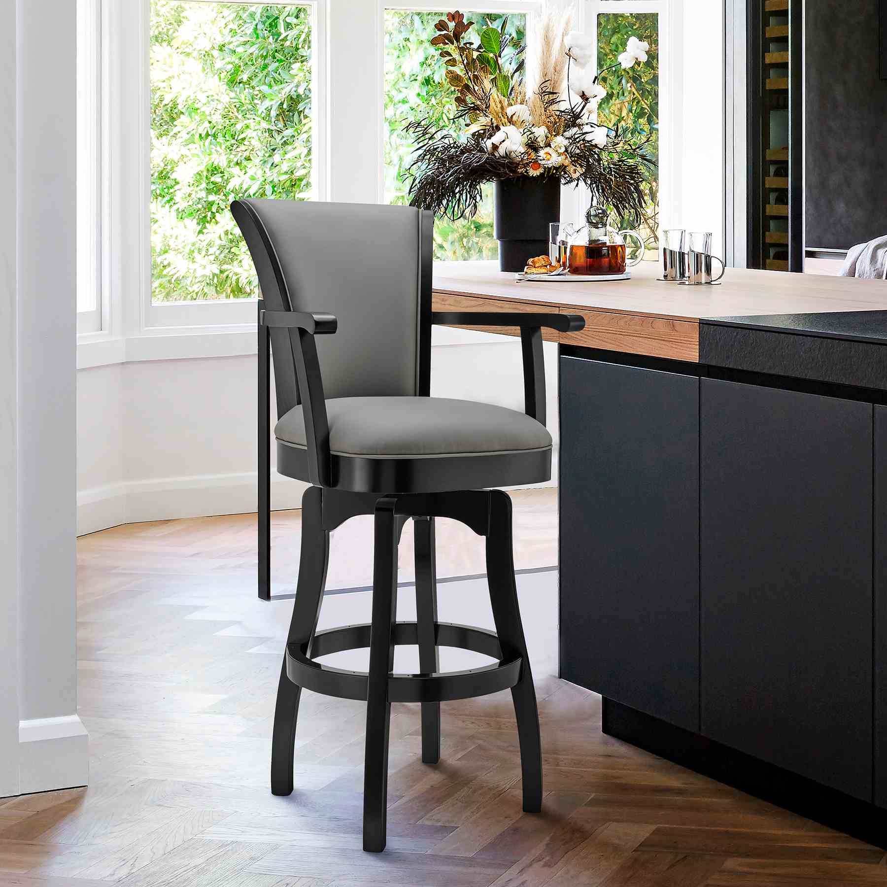 Raleigh 30" Bar Height Swivel Gray Faux Leather and Black Wood Arm Bar Stool - Image 7