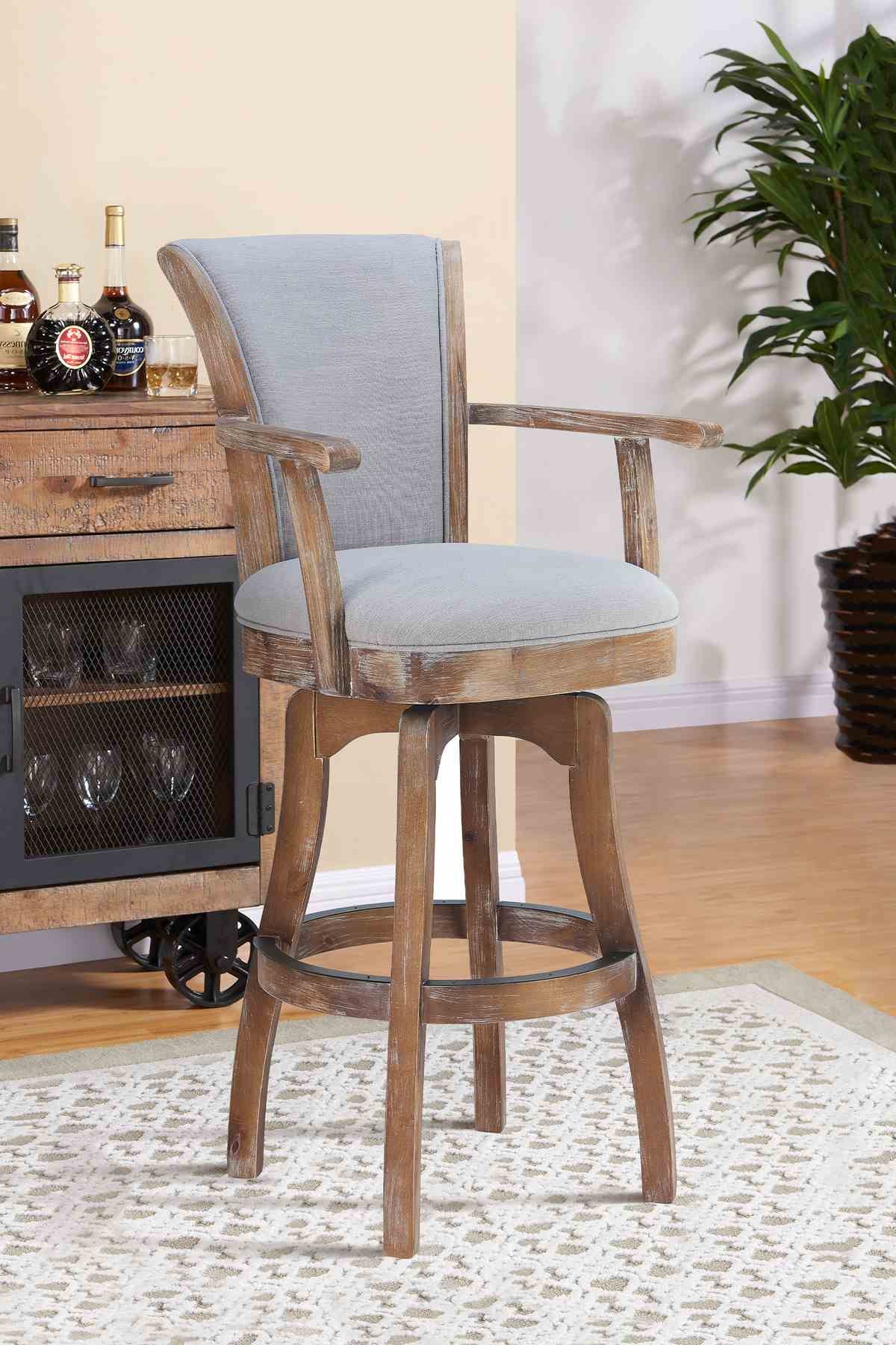 Raleigh Arm 26" Counter Height Swivel Barstool in Distressed Oak Finish and Putty Ivory Linen - Image 8