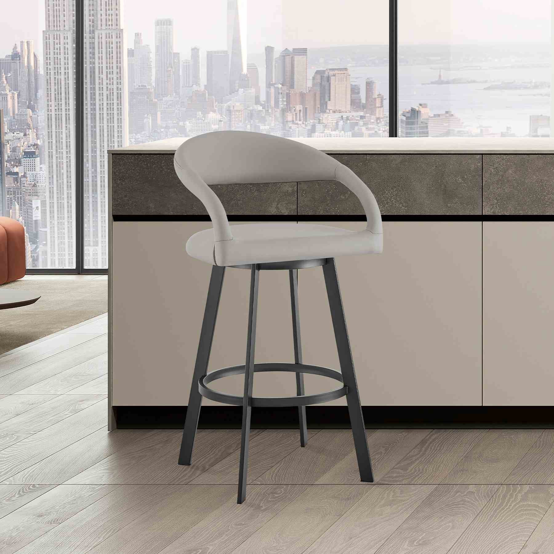 Ramona 26" Swivel Counter Stool with Matte Black Iron and Light Gray Faux Leather - Image 10