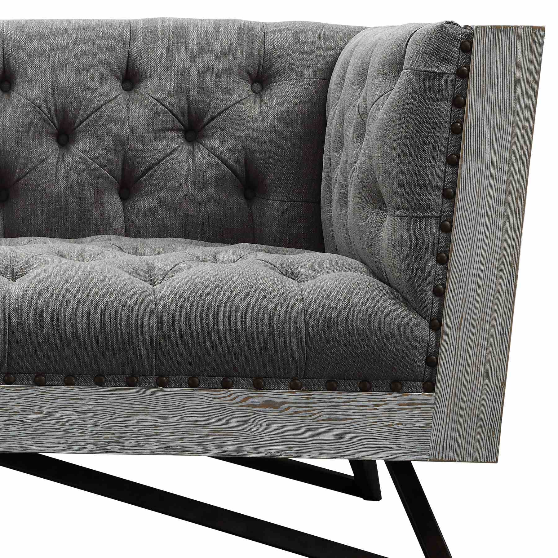 Regis Contemporary Loveseat in Gray Fabric with Black Metal Finish Legs and Antique Brown Nailhead Accents - Image 2