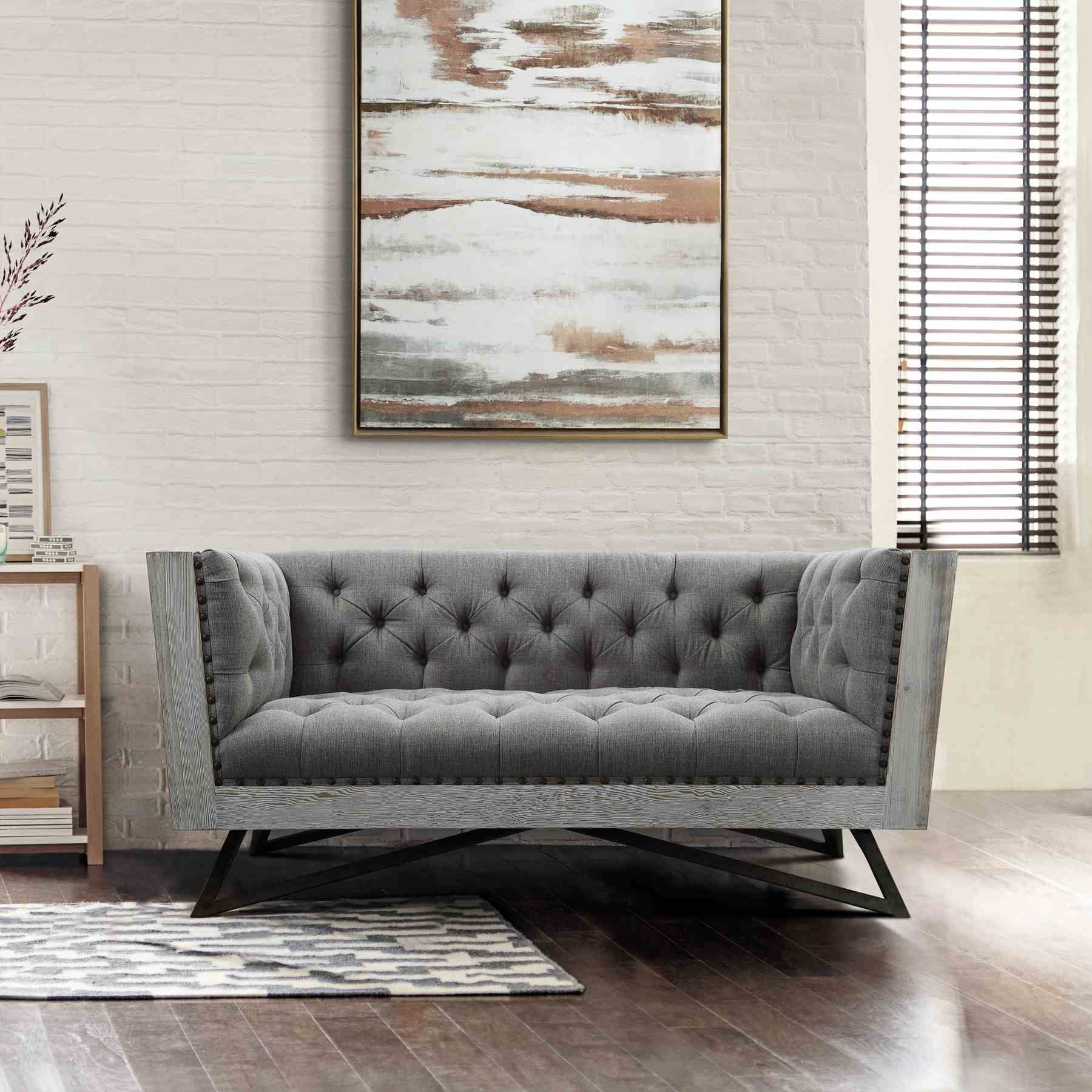 Regis Contemporary Loveseat in Gray Fabric with Black Metal Finish Legs and Antique Brown Nailhead Accents - Image 3