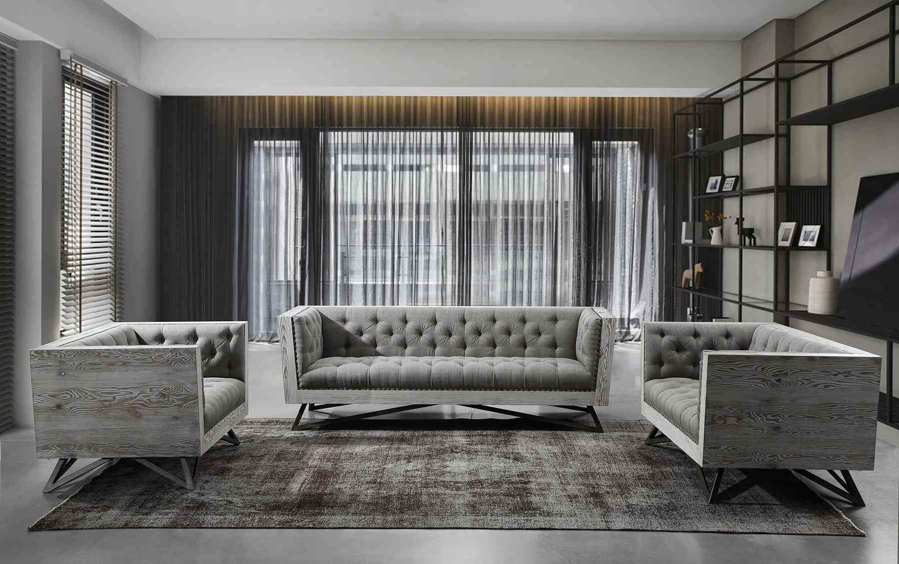 Regis Contemporary Loveseat in Gray Fabric with Black Metal Finish Legs and Antique Brown Nailhead Accents - Image 4