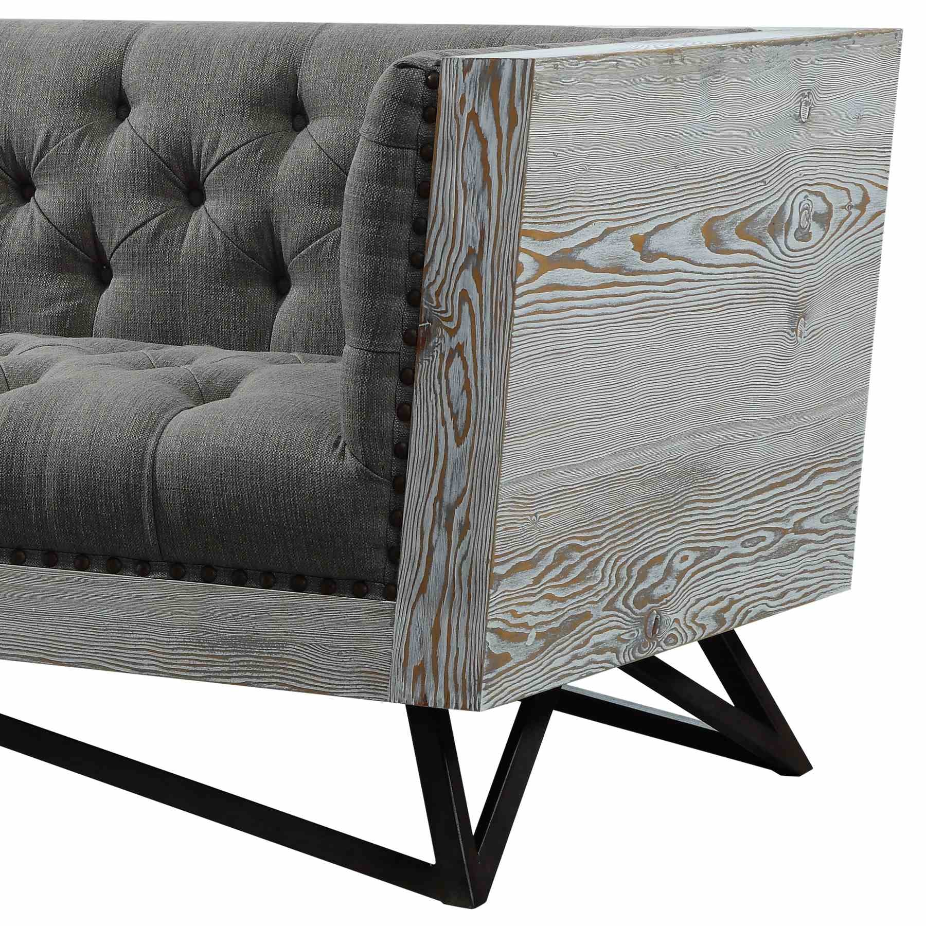 Regis Contemporary Sofa in Gray Fabric with Black Metal Finish Legs and Antique Brown Nailhead Accents - Image 2