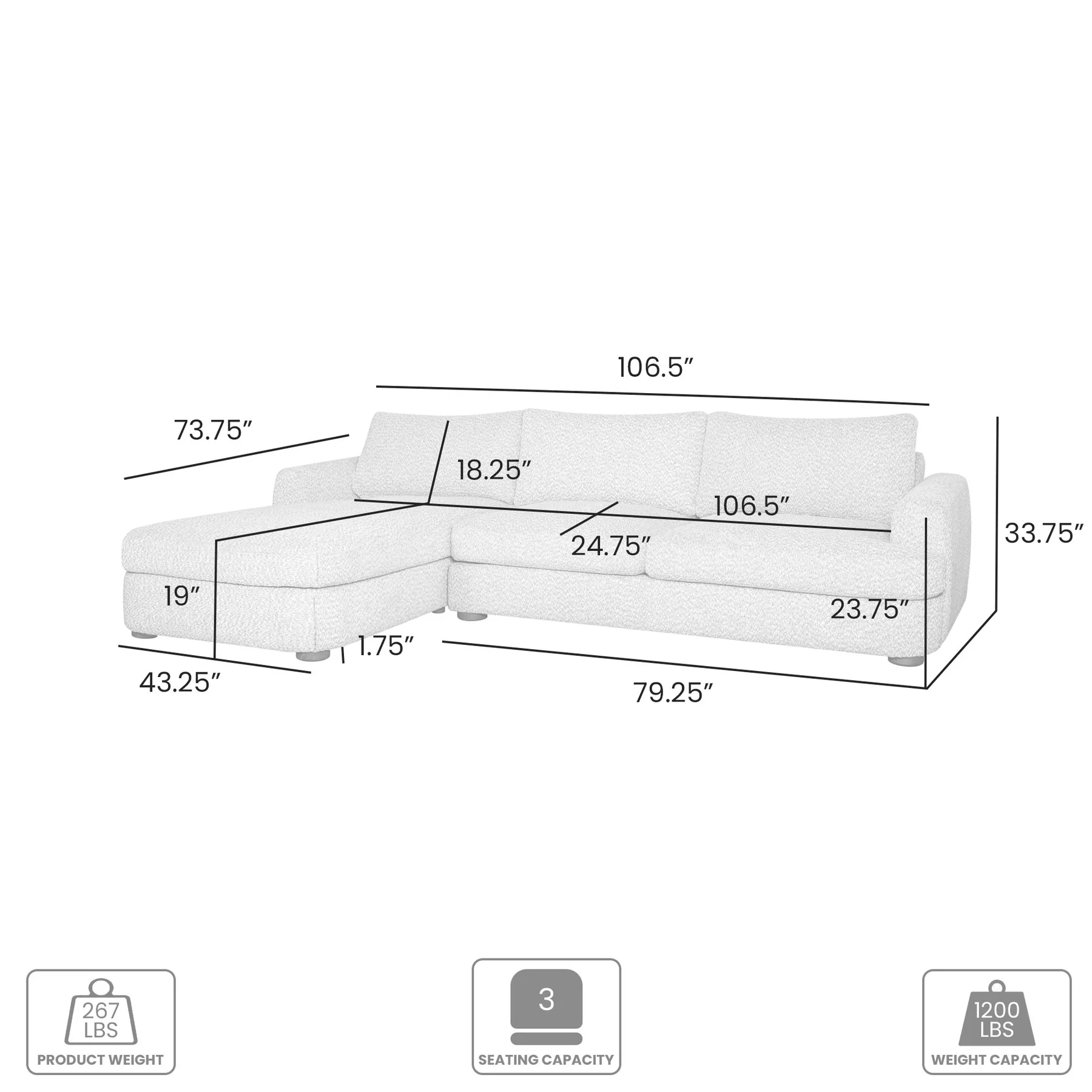Reid 123 in. Left Arm Facing Rectangular Sectional Sofa in Snow Fleck Fabric with Round Arms - Image 7
