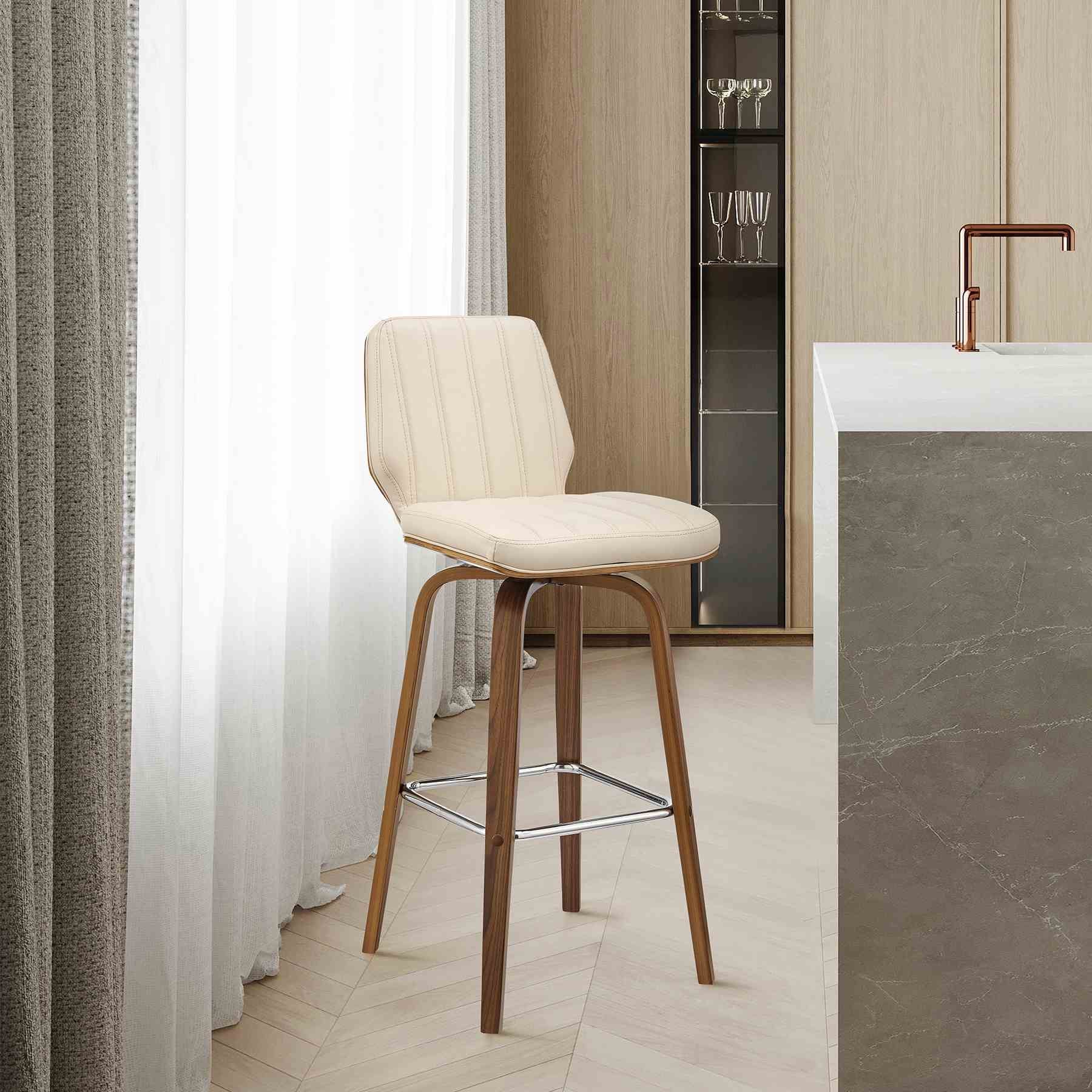 Renee 26" Swivel Cream Faux Leather and Walnut Wood Bar Stool - Image 10