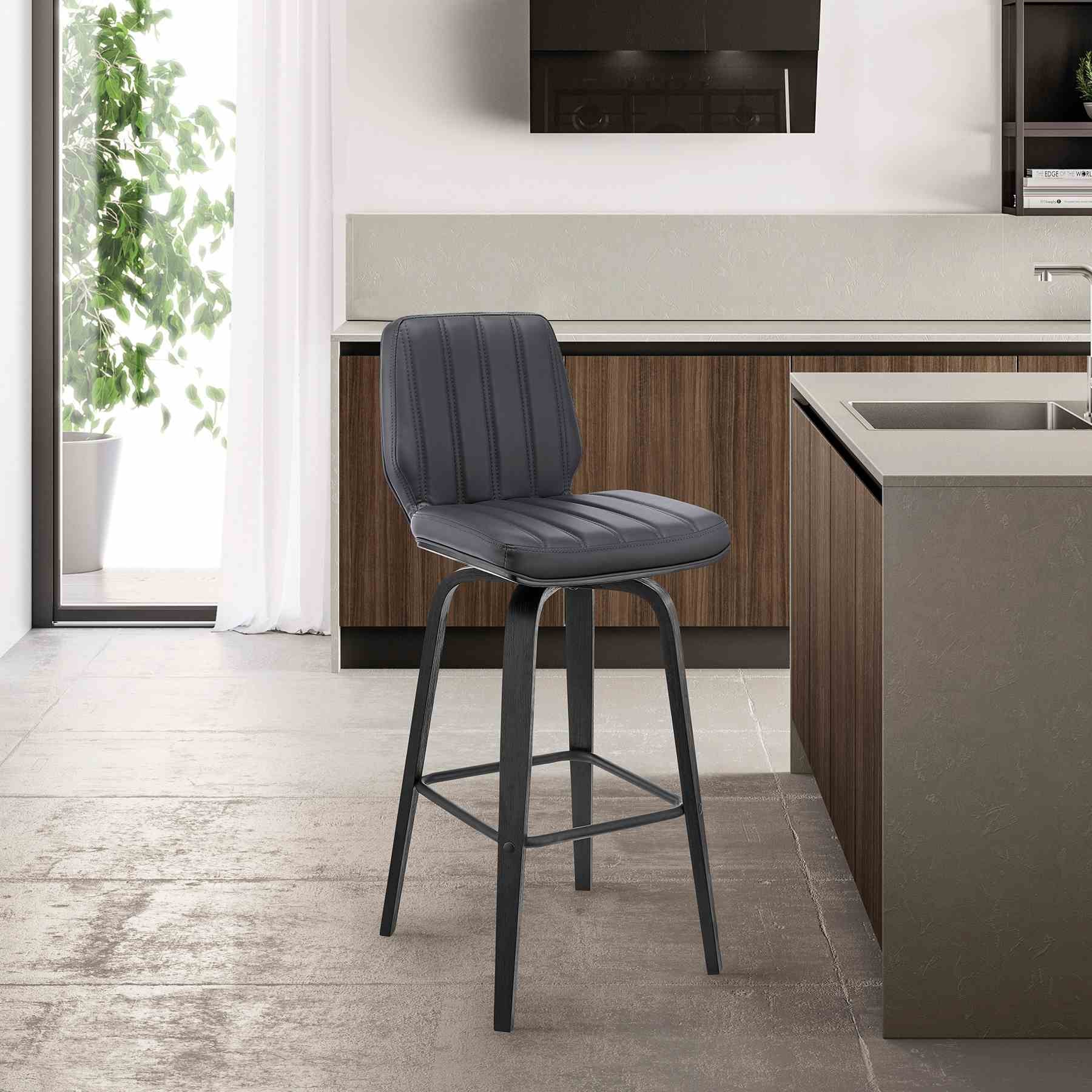 Renee 30" Swivel Gray Faux Leather and Black Wood Bar Stool - Image 10