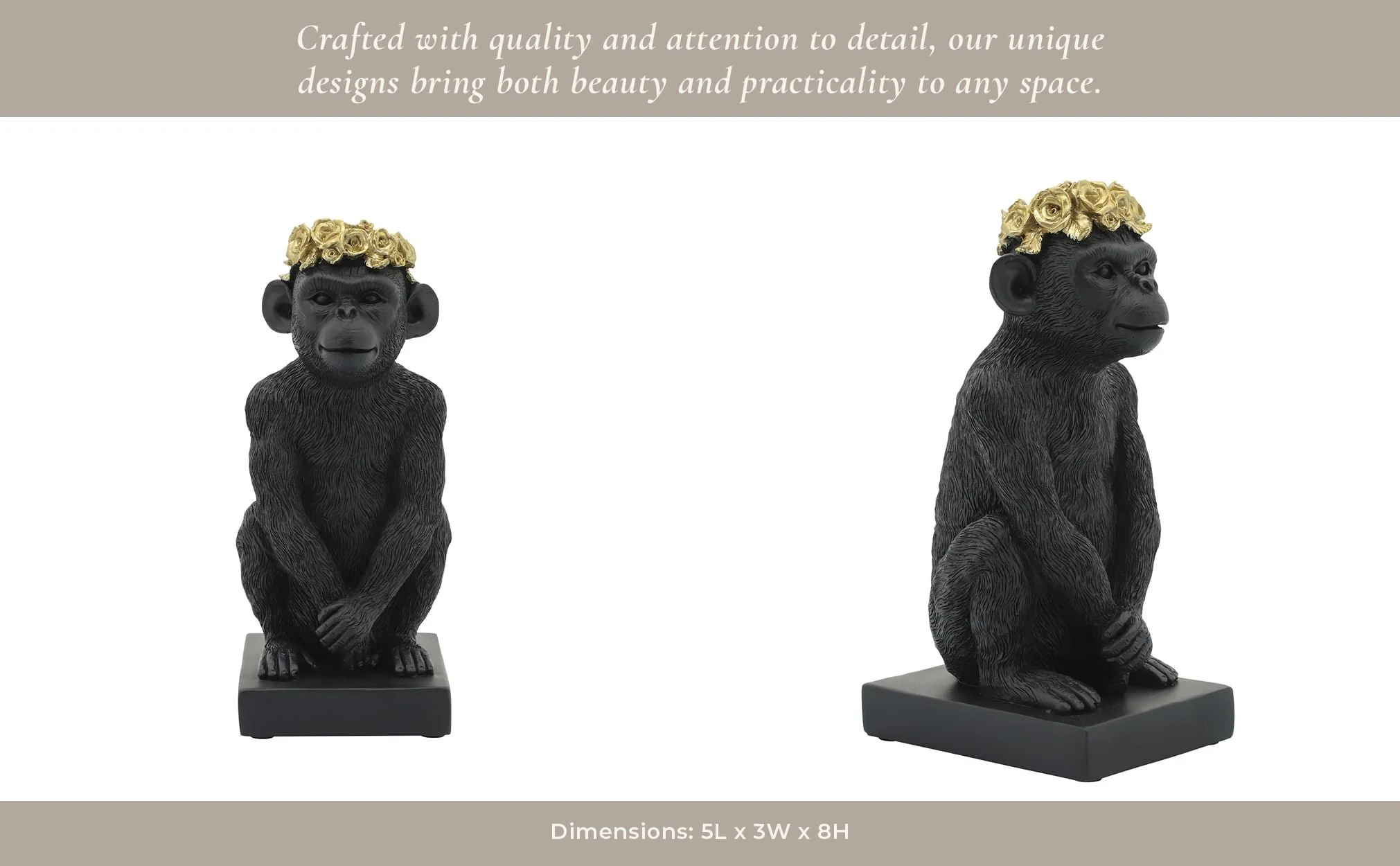 Res, 8" Monkey Flower Crown Figurine,  Blk/gld - Image 9