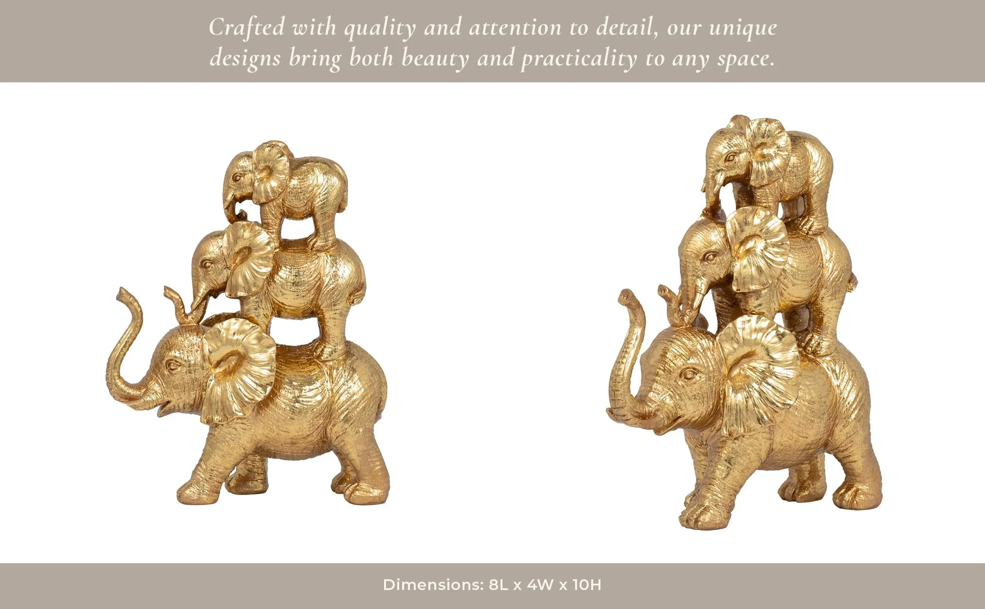 Resin, 10" Stacked Raised Trunk Elephants, Gold - Image 13
