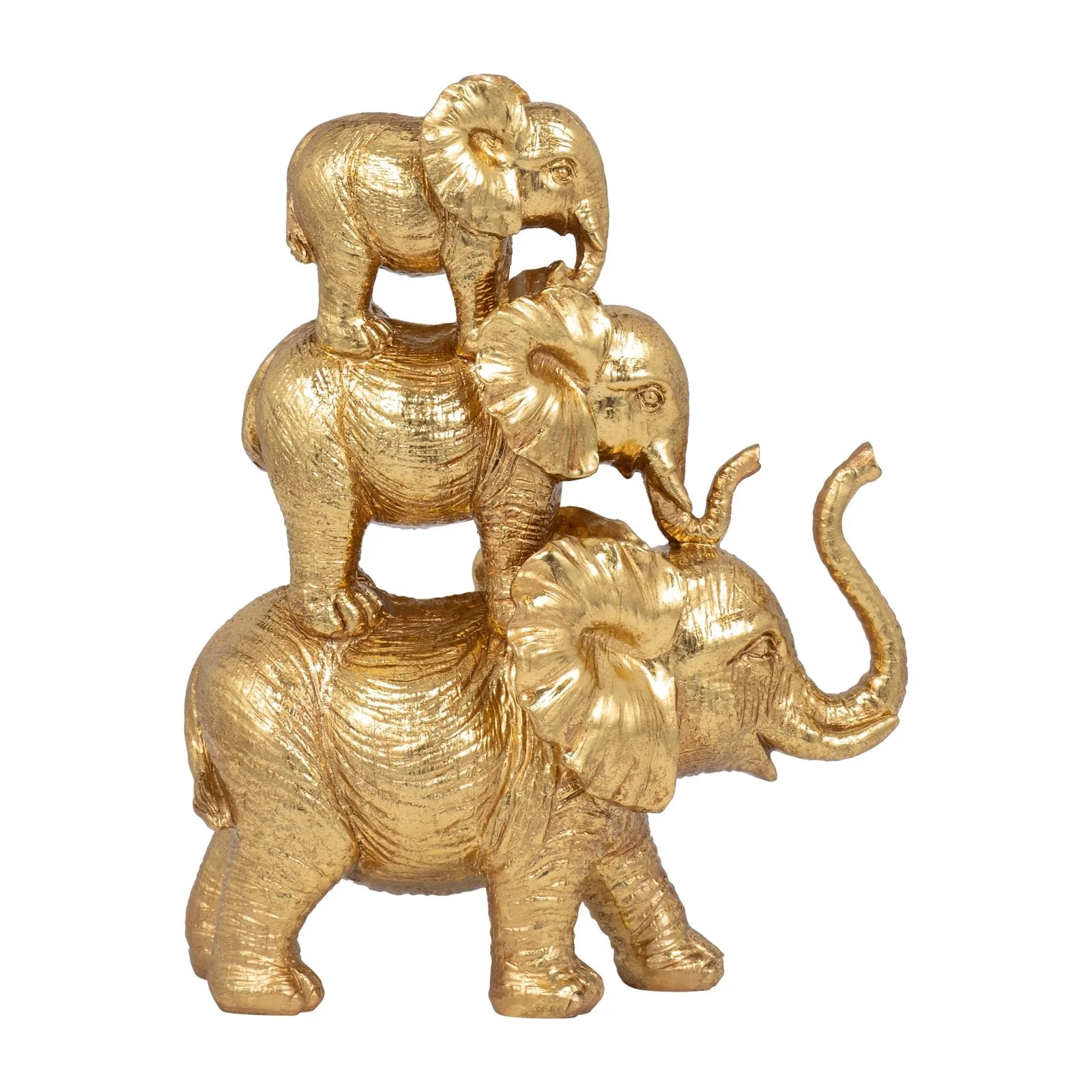 Resin, 10" Stacked Raised Trunk Elephants, Gold - Image 4