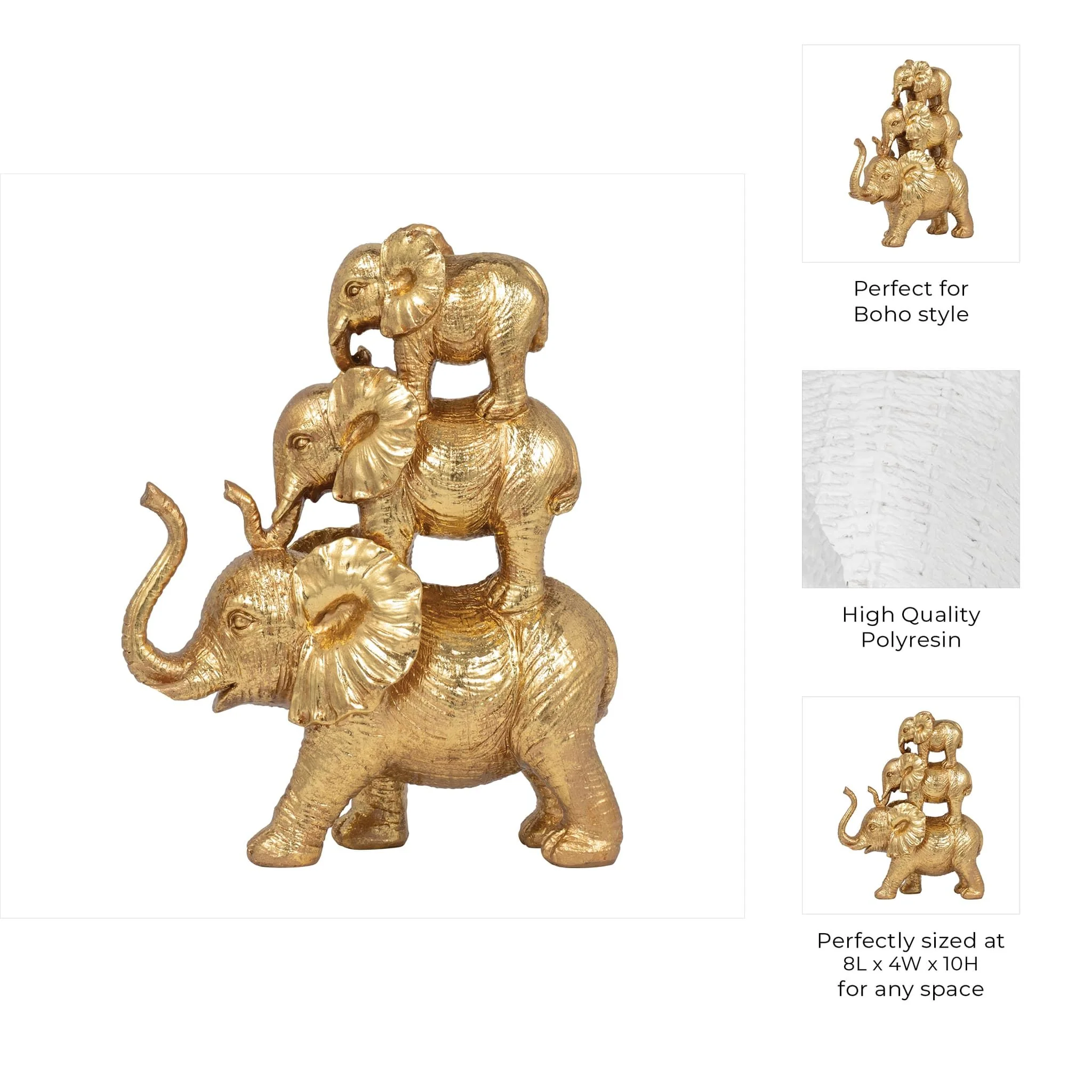 Resin, 10" Stacked Raised Trunk Elephants, Gold - Image 9