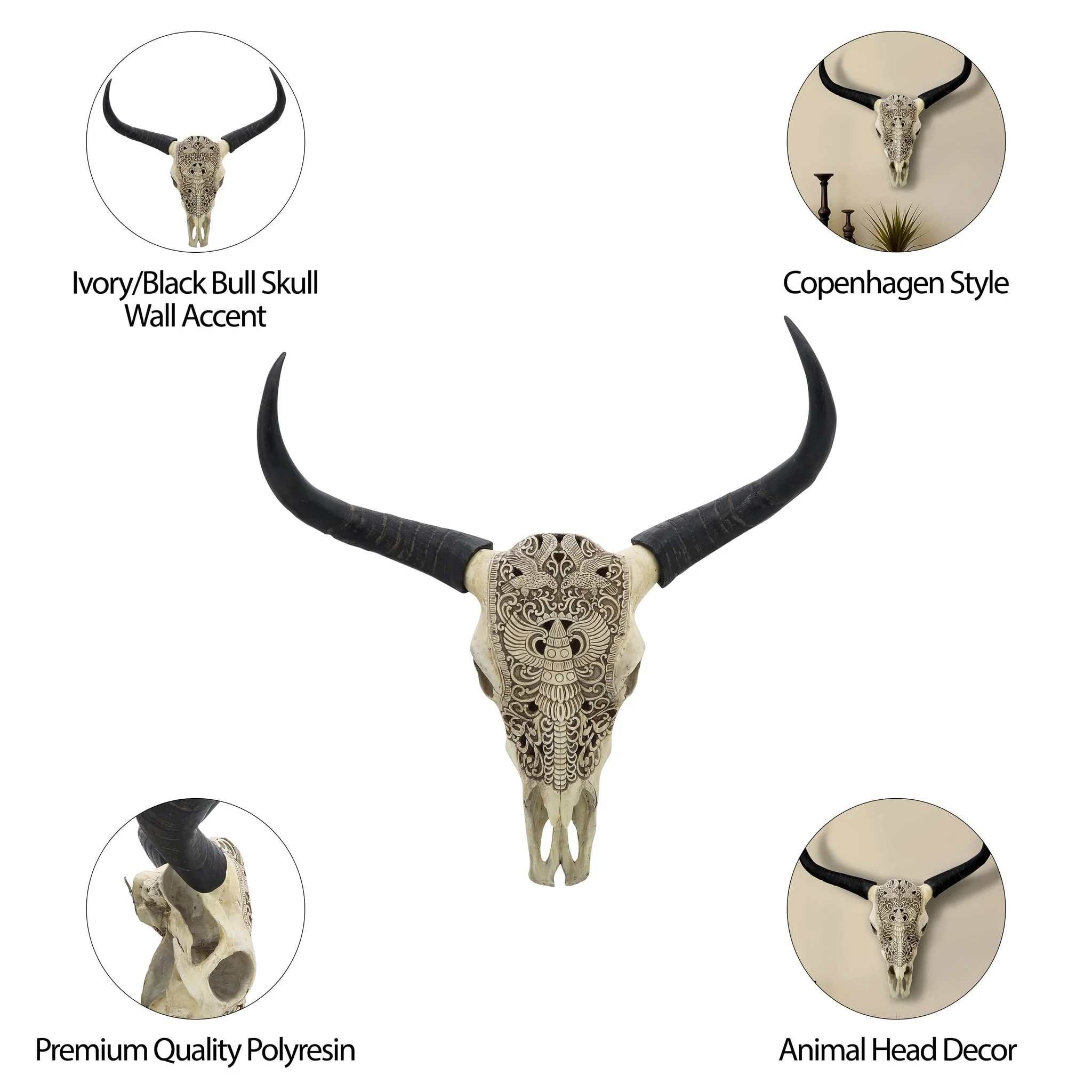 Resin, 28" Bull Skull Wall Accent, Ivory/black Kd - Image 7