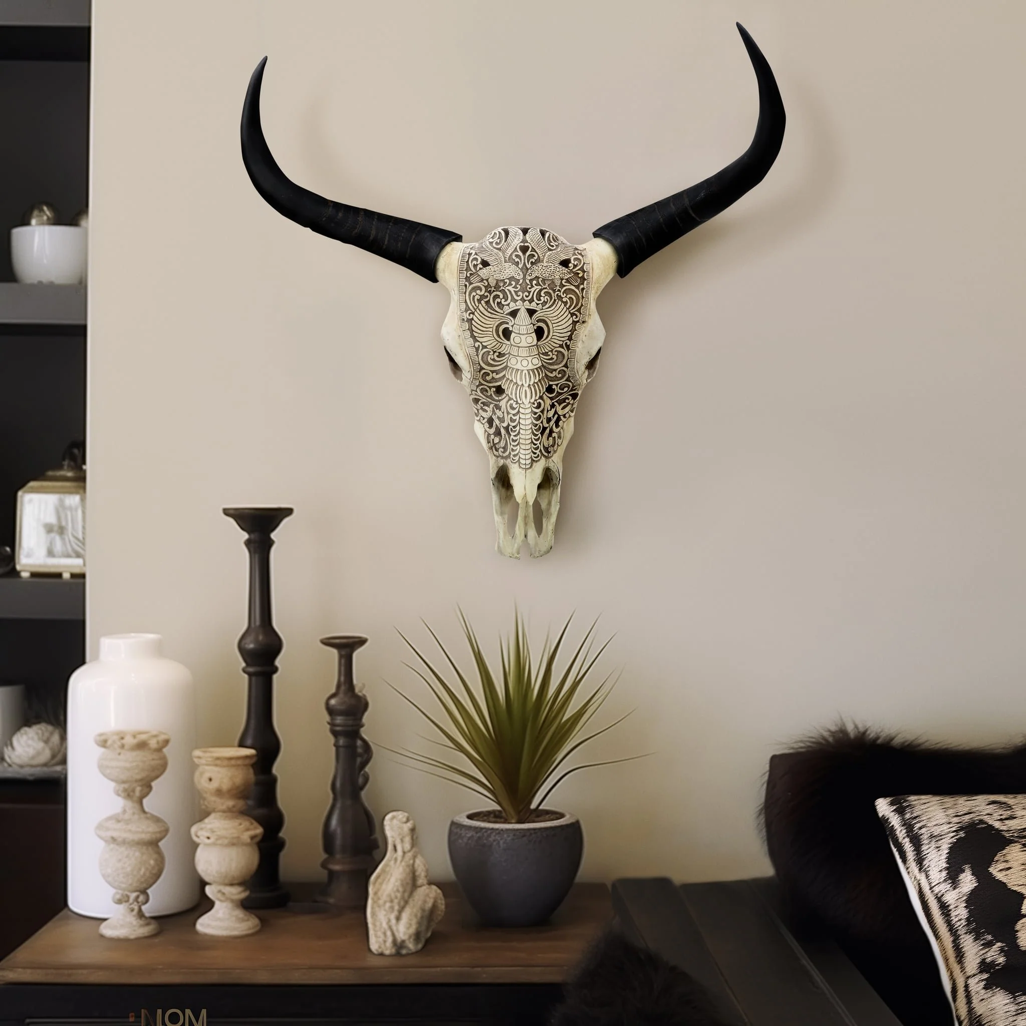 Resin, 28" Bull Skull Wall Accent, Ivory/black Kd - Image 8