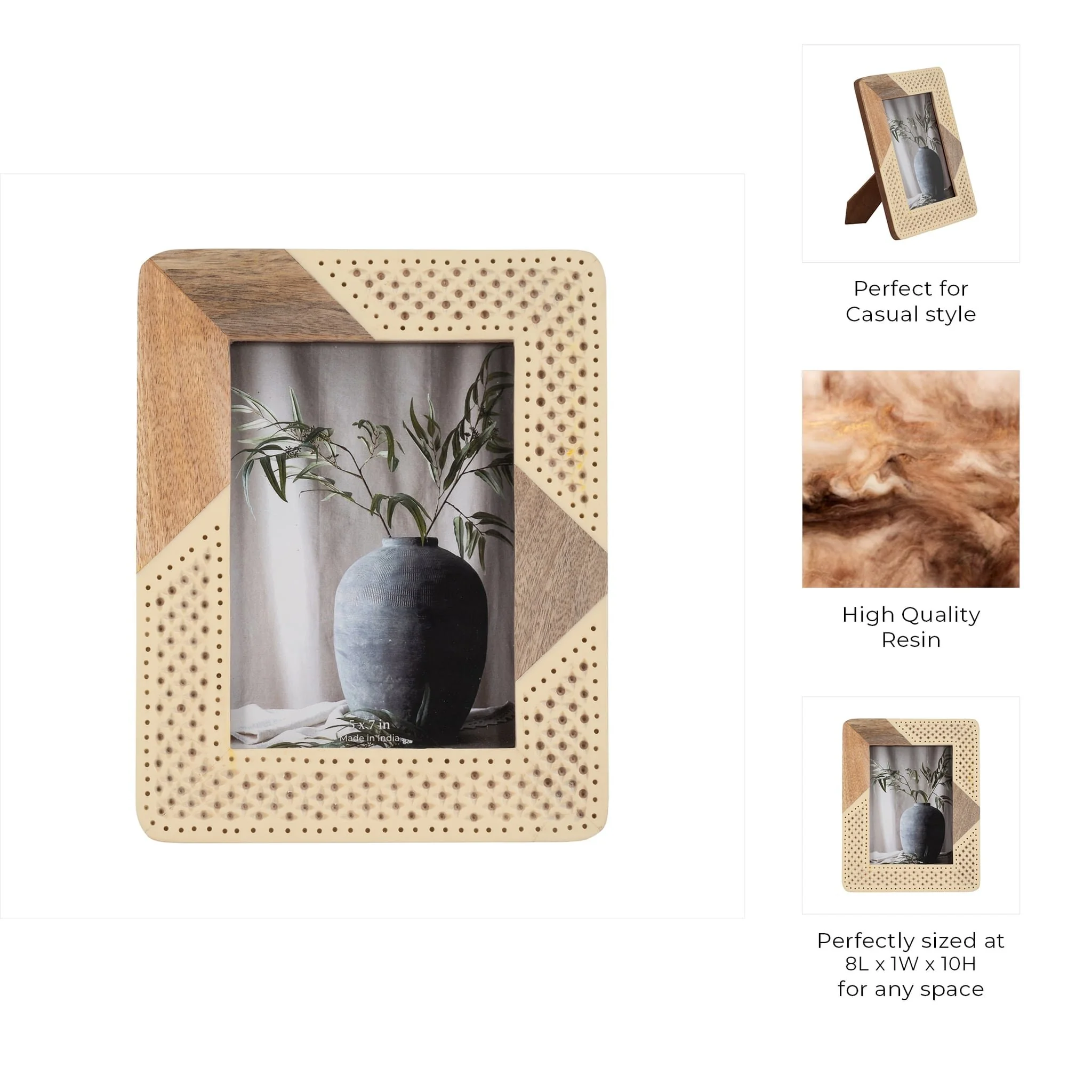 Resin, 5x7 Wood & Woven Photo Frame, Ivory/natural - Image 8