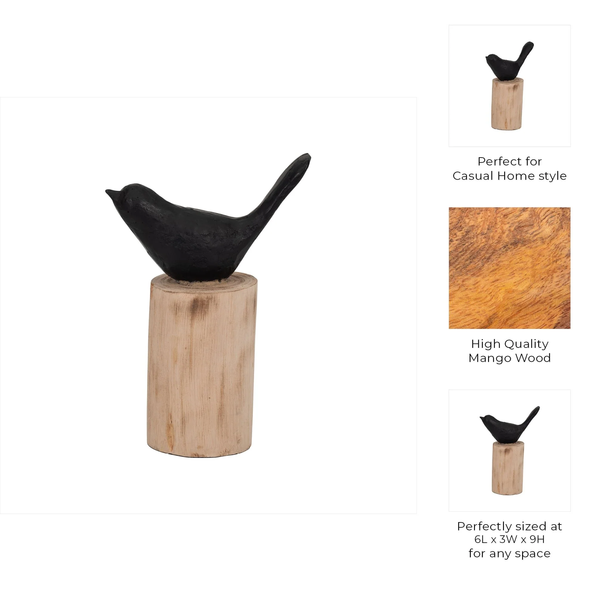 Resin, 9" Bird Perched On Log, Black/brown - Image 10