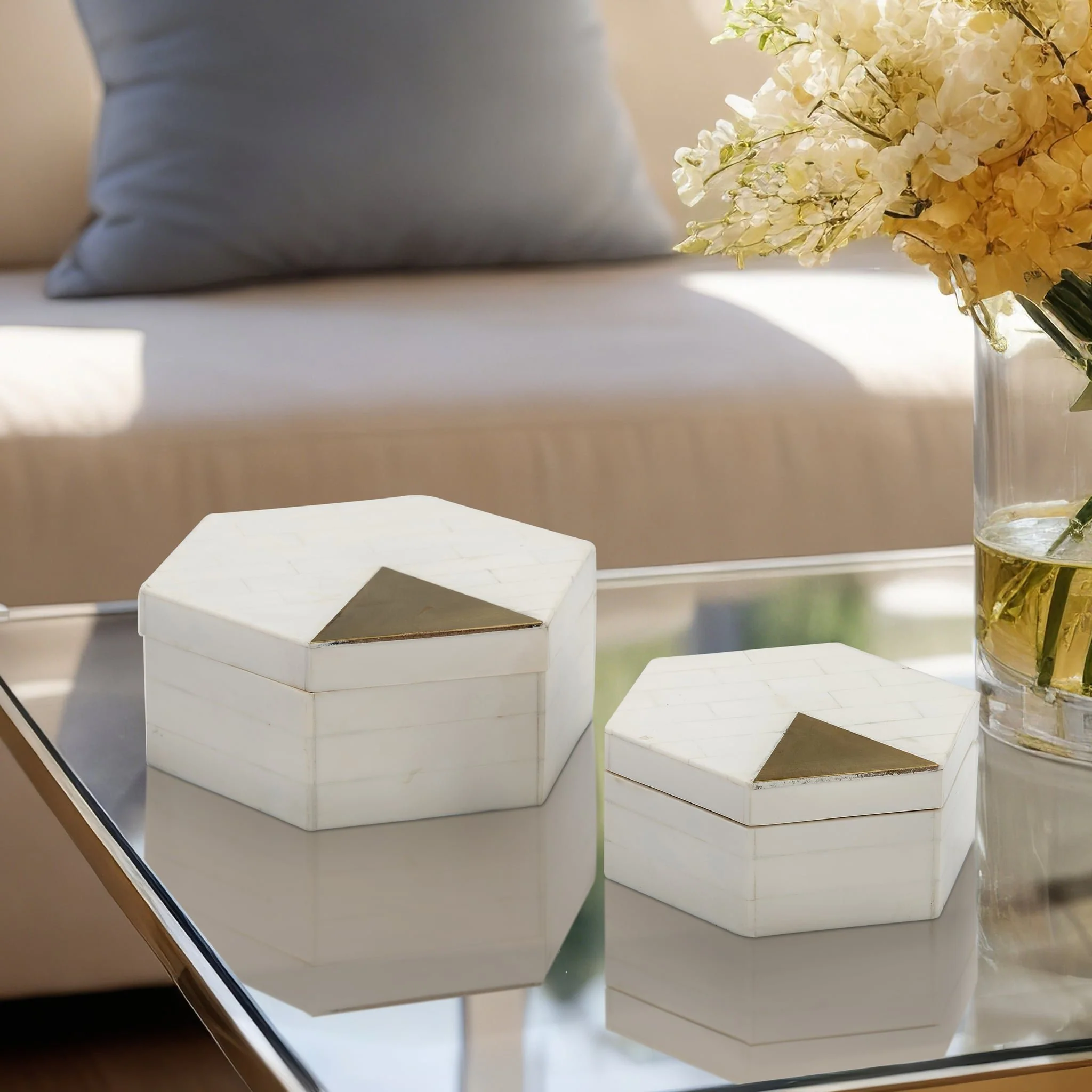 Resin, S/2 5/7" Hxgon Boxes W/brass Inlay, Wht/gld - Image 11